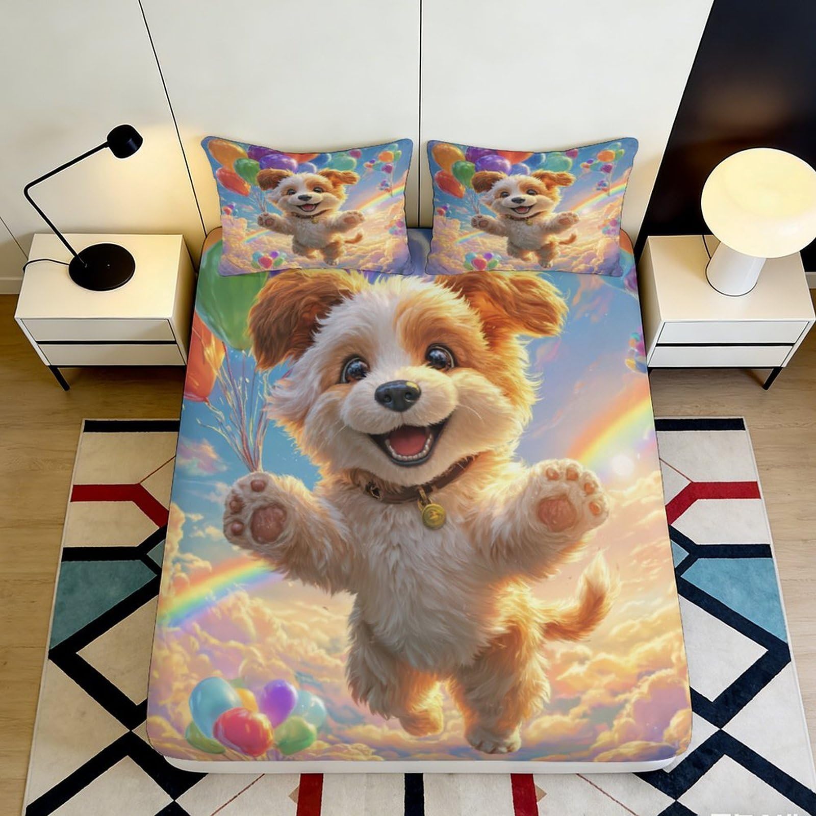 Kzqnxhjprl Style-1 3D Printed Cute Puppy Fitted Sheet Microfiber Anti-Slip Rainbow Bed Cover For Bedroom Dorm Mattress Protection Decor 90X200x25cm