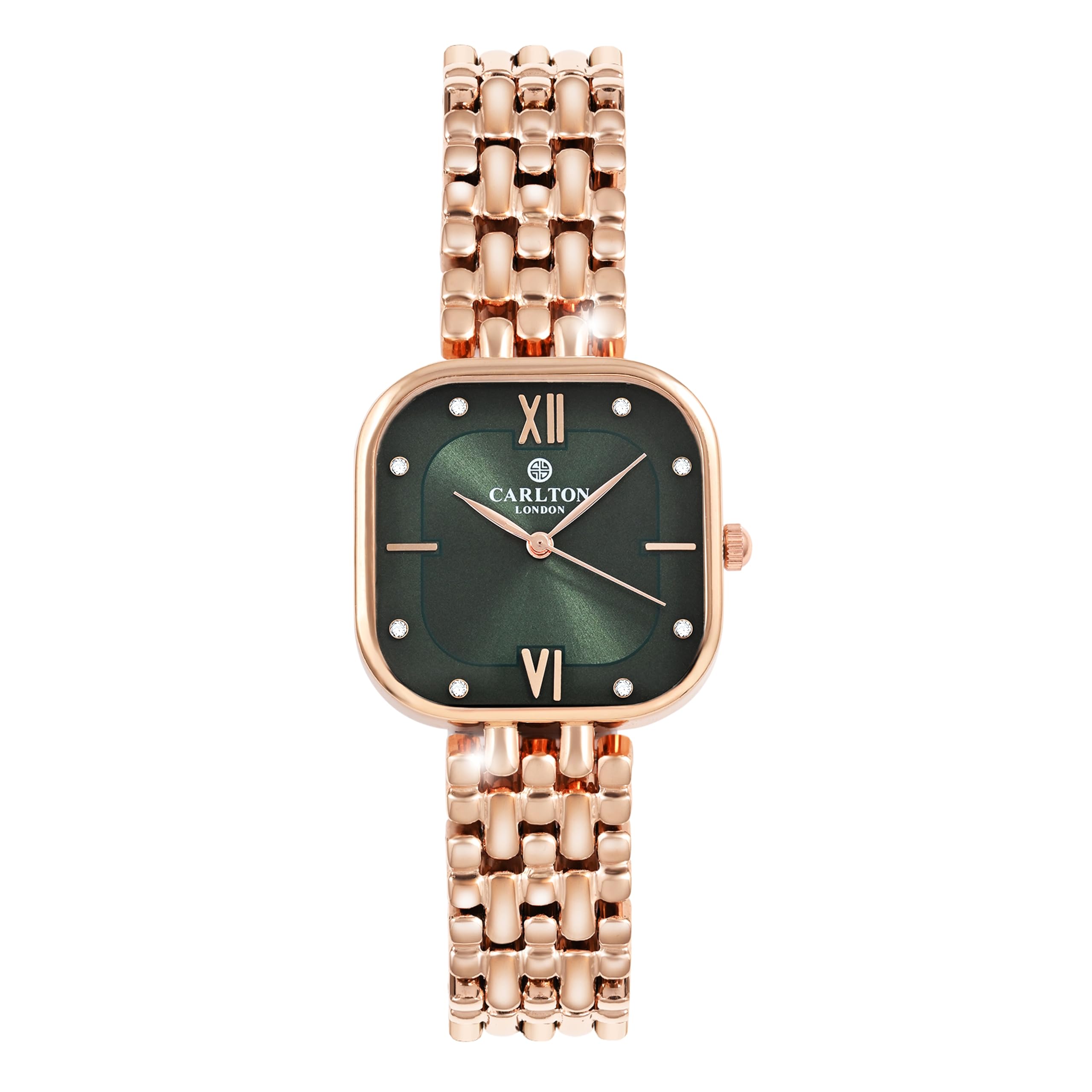 Women Chelsea Quartz Analog Watch with Green Square Dial, Rose Gold Stainless Steel Bracelet Strap, 29mm Case Diameter, Mineral Glass, Butterfly Clasp, 30M Water Resistant-CLSSCDGRN