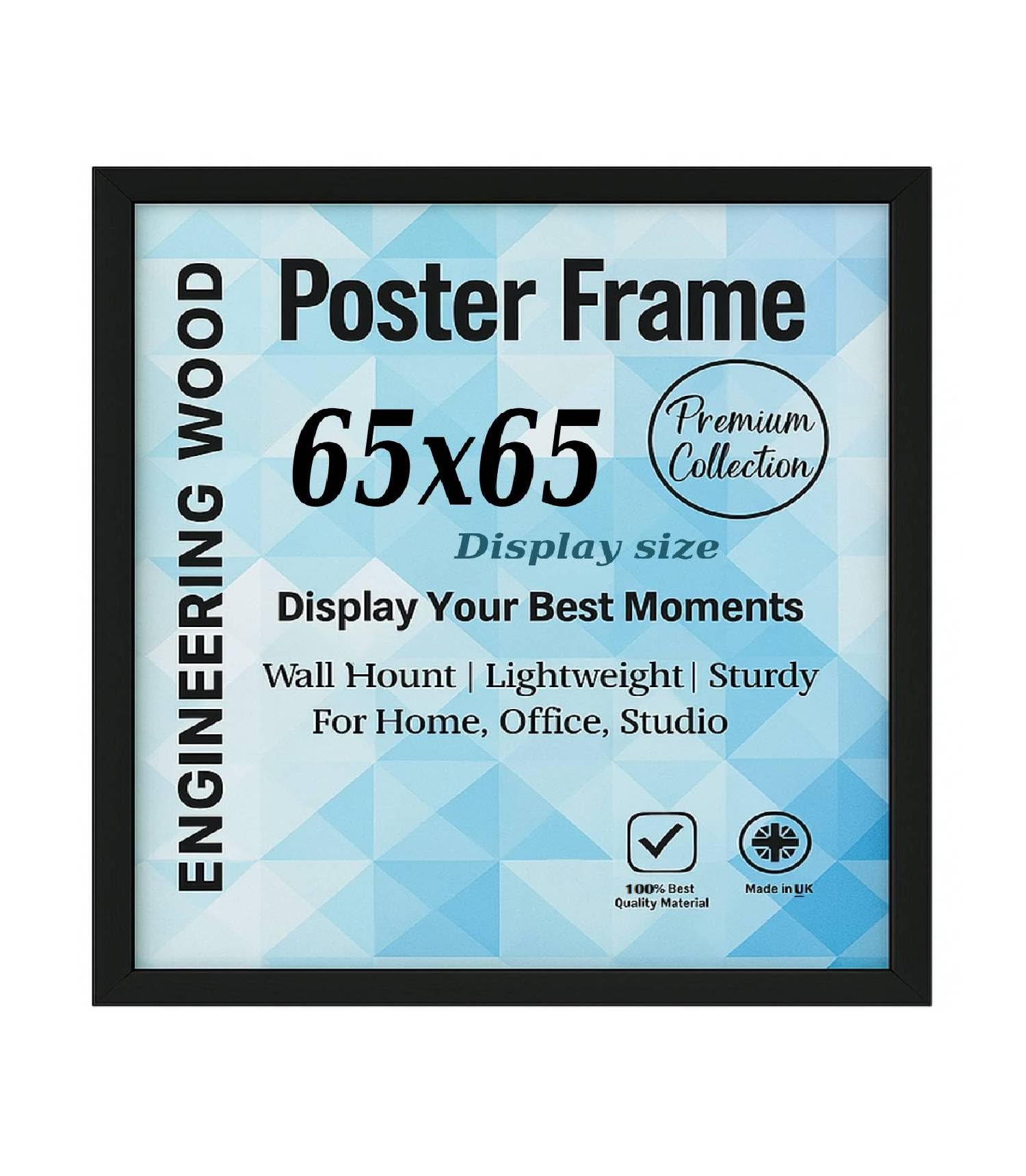 Modern Black Poster Frame 65x65 cm Size For Display MDF Wood Construction with Acrylic Glass - Picture Frame