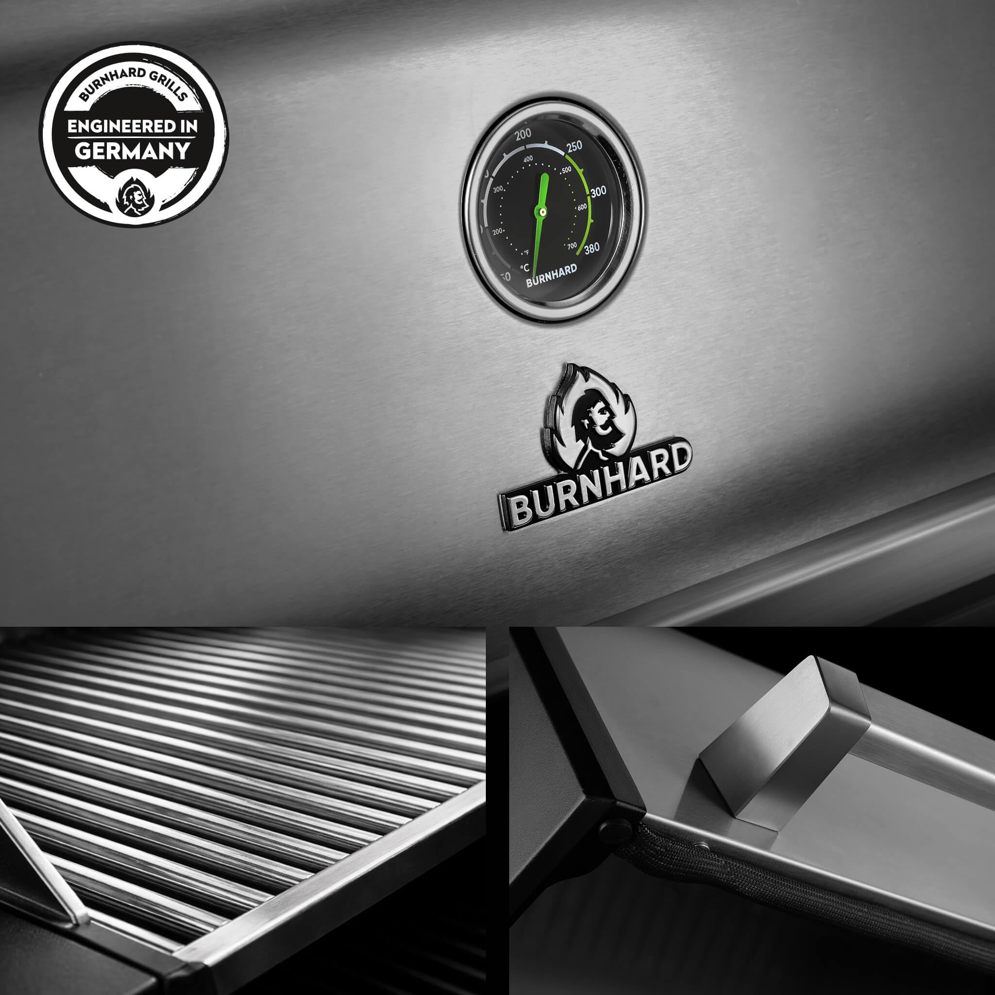 BURNHARD® Gasgrill 6-Brenner, 3,5 kW Edelstahl-Stabbrenner, Infrarot-Keramikbrenner, Heckbrenner, Seitenkochfeld, Edelstahlrost, große Grillfläche, Piezo-Zündung – Fat FRED Deluxe