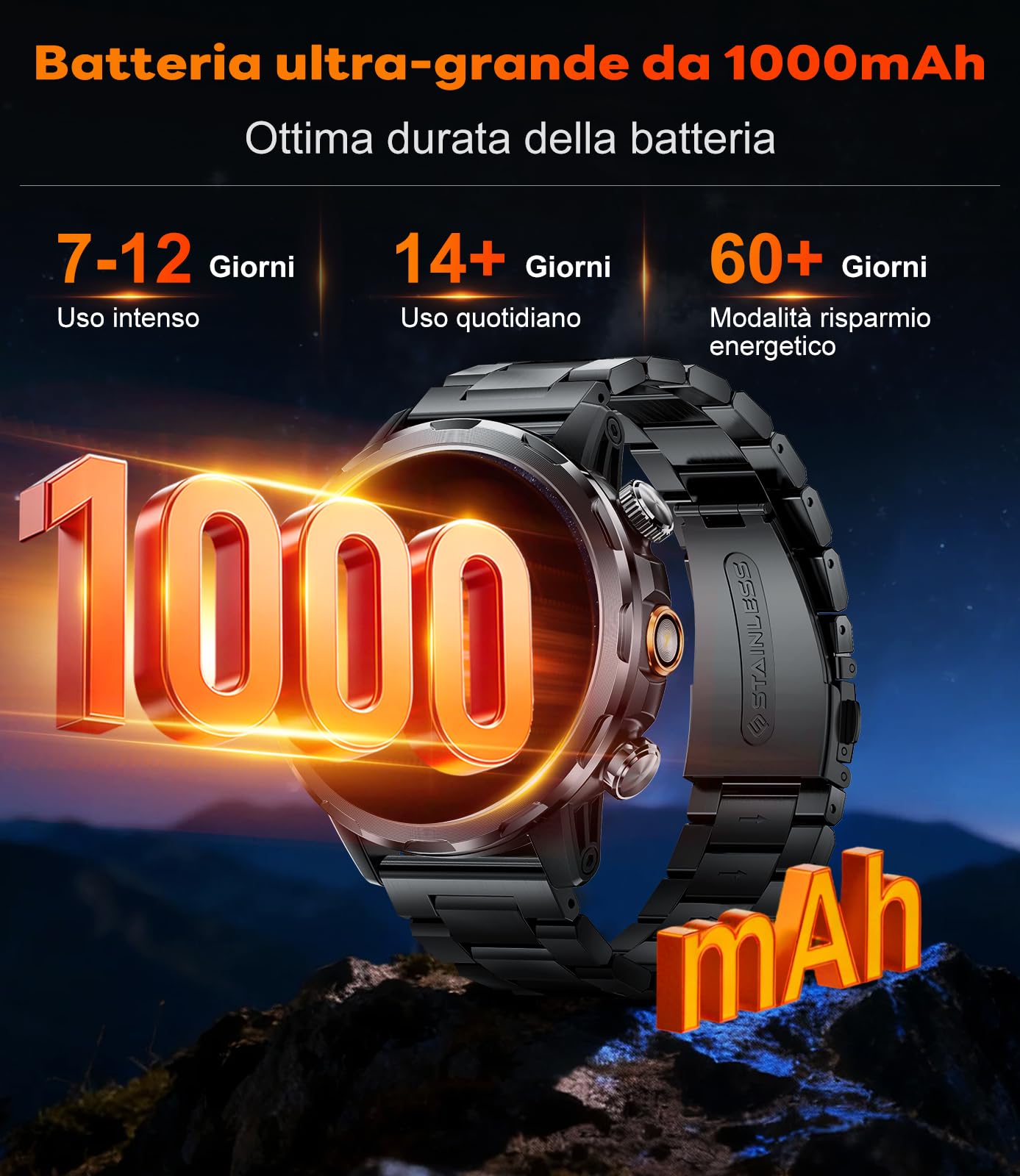 LIGE 1000mAh Smartwatch Uomo Militare, 1.85'' Orologio Smart Watch con Chiamata Bluetooth,100+ Modalità Sportive,Torcia LED Orologio Fitness,Sonno/Cardiofrequenzimetro,IP68 Orologio,Android iOS,Nero