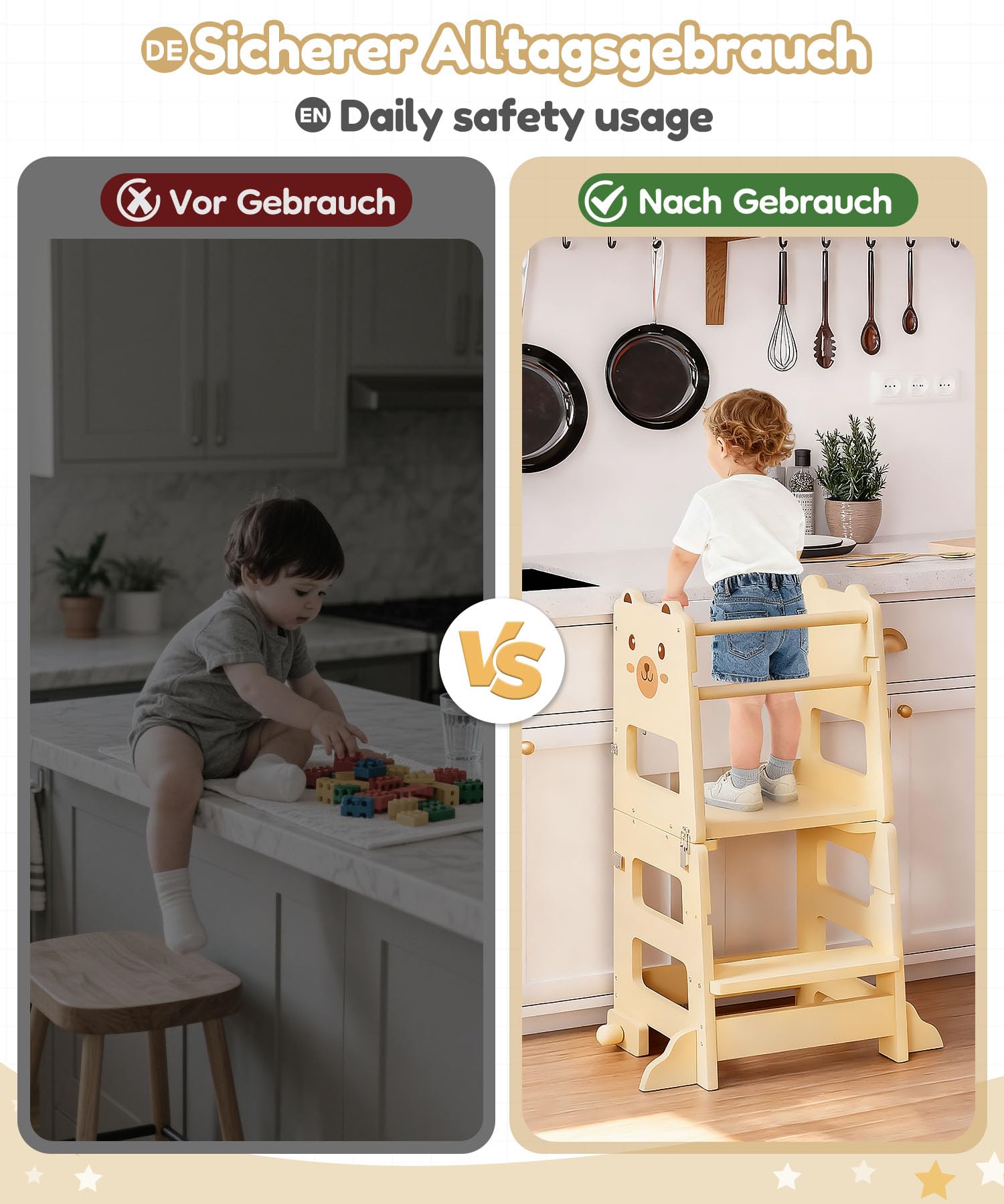 Yorbay Lernturm ab 1 Jahr Klappbar: 2 in 1 Montessori Learning Tower für Kinder mit Tafel - Tritthocker Verwandelbar in Kindertisch Lernstuhl - für Küche Bad und Kinderzimmer