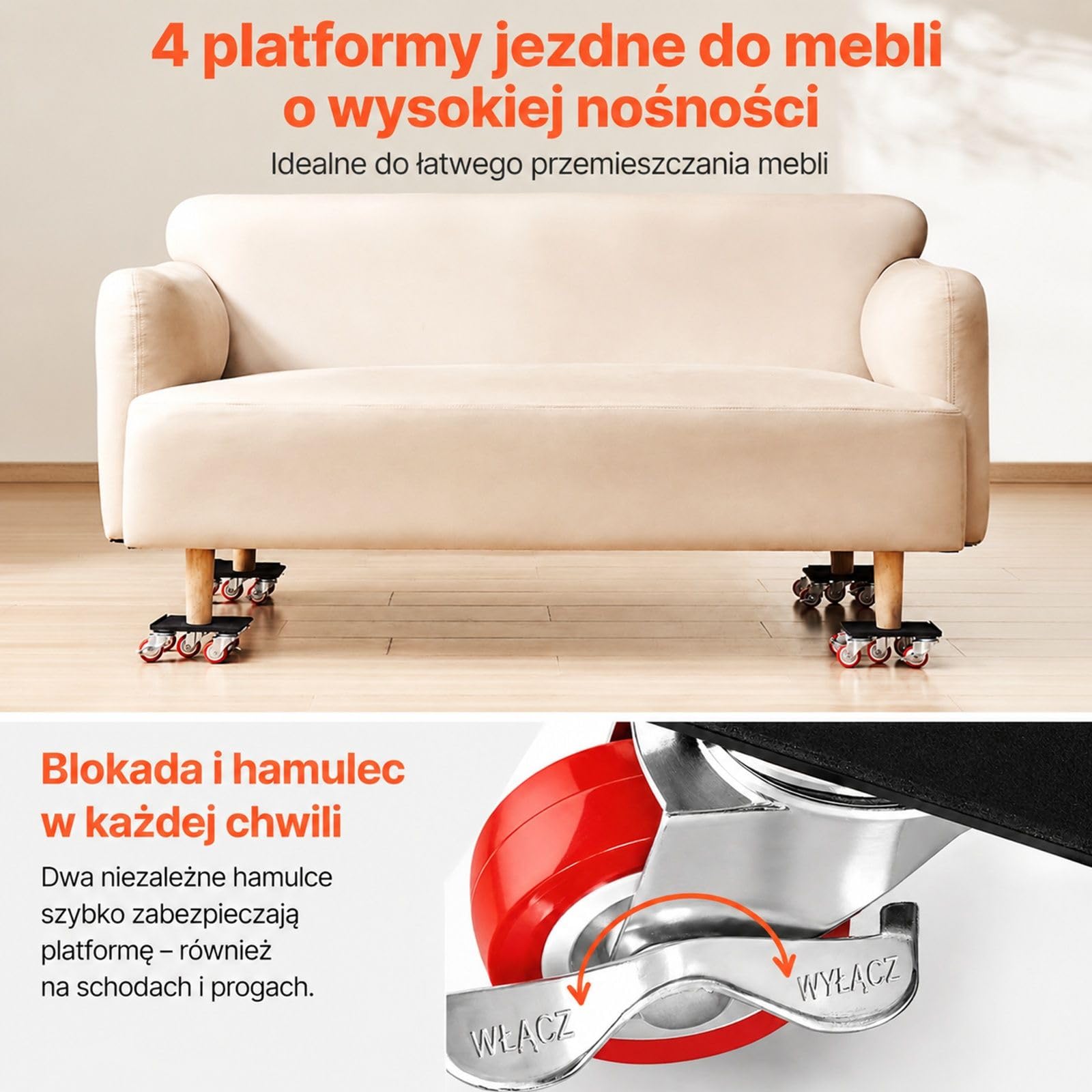 Wózek meblowy zestaw 4 sztuki z 5 kołami obrotowymi do szafy sofy stołu i przeprowadzki