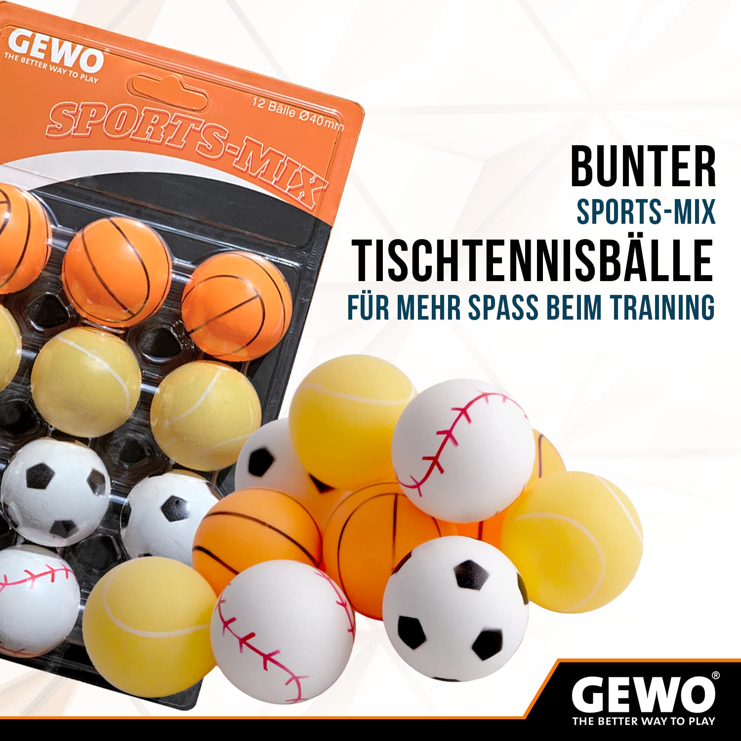 GEWO Sports-Mix - Palline da ping pong in plastica, 40+, design sportivo, 12 palline colorate di alta qualità, per bambini, diversi design, diametro 40 mm