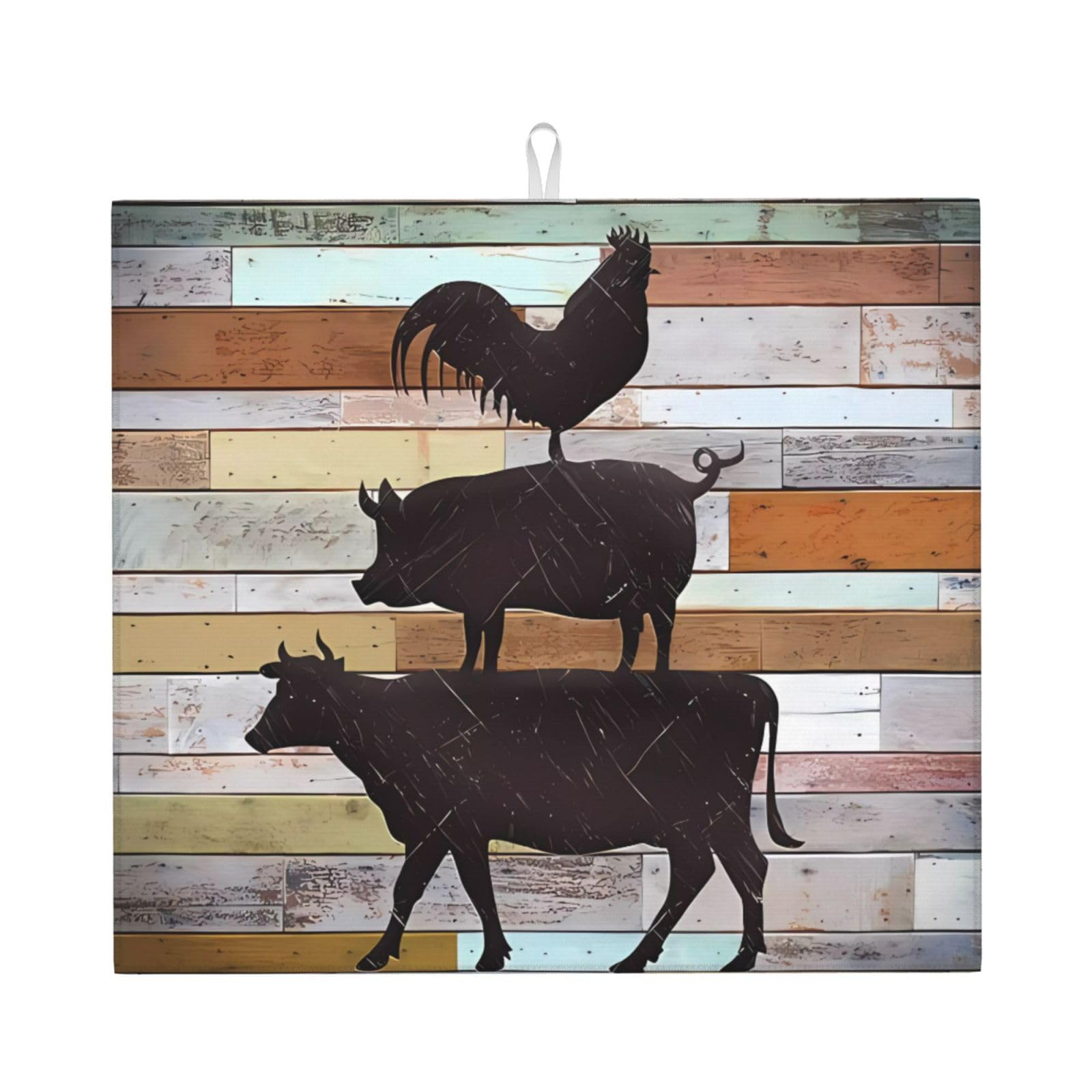 YYHHAOFA Cow Chicken and Pig Pattern Prints Kitchen Drying Mat – Highly Absorbent Microfiber Throw, Non-Slip Counter Cover for Dishes, Fade-Resistant Print & Appliance Protection