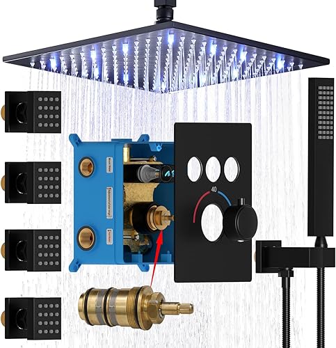 Sistema de chorros de ducha de latón con cabezal de ducha de lluvia de techo de 12 pulgadas y mano (puede funcionar todos juntos), juego combinado
