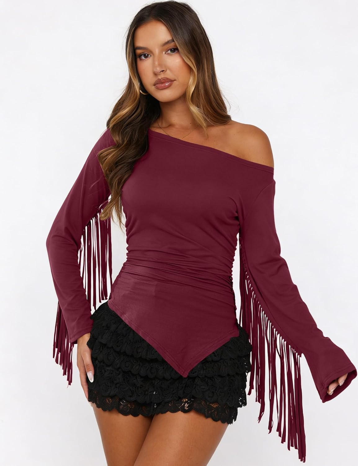Fringe Western Tops for Women Country Concert Outfits Long Sleeve Cowgirl Shirt One Shoulder Tassels Asymmetrical Top - Image 2