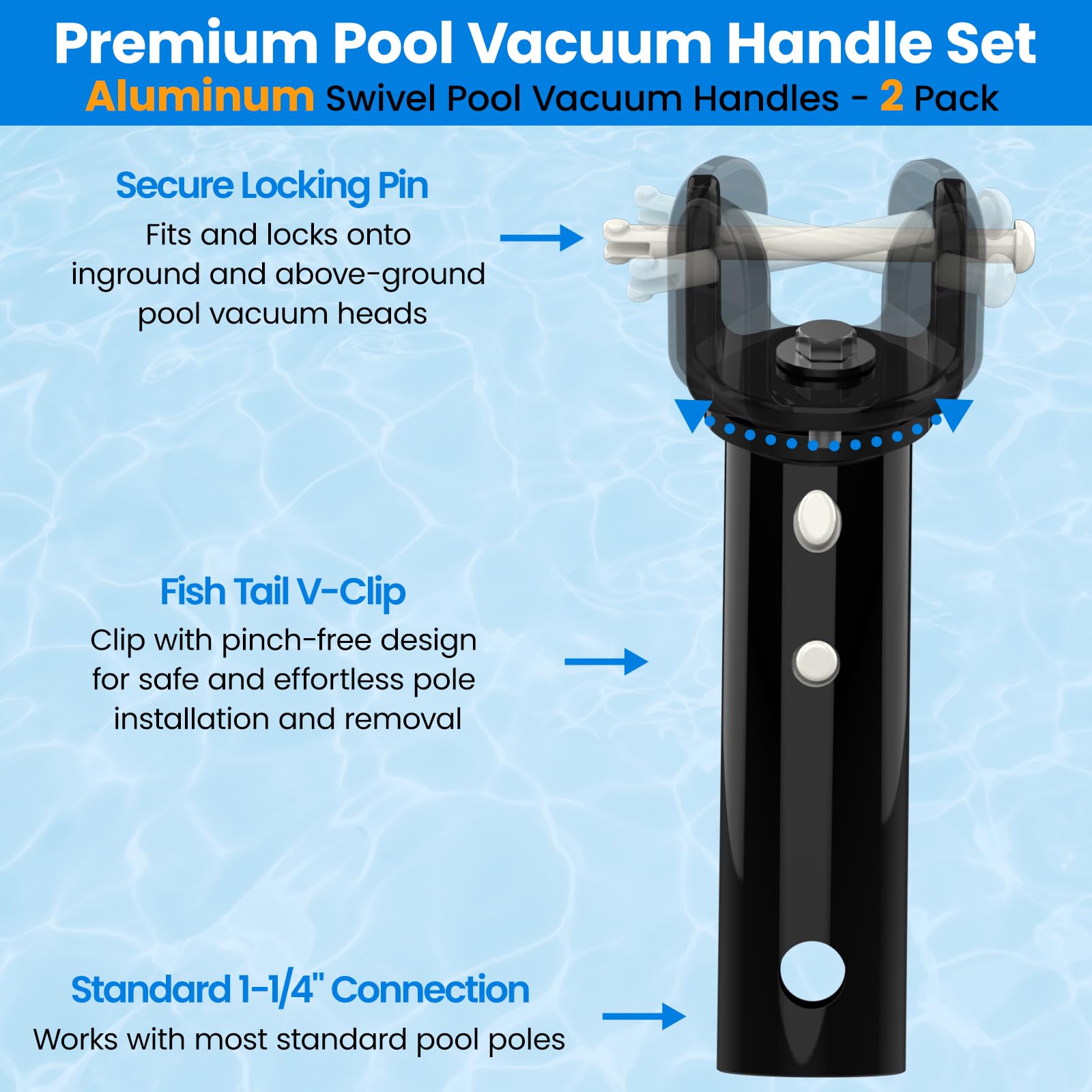 Poolvio Asas de repuesto para cabezal de aspiradora de piscina (paquete de 2) – Asas giratorias de aluminio resistente con clips EZ y pasadores de bloqueo – Se adapta a postes telescópicos estándar de
