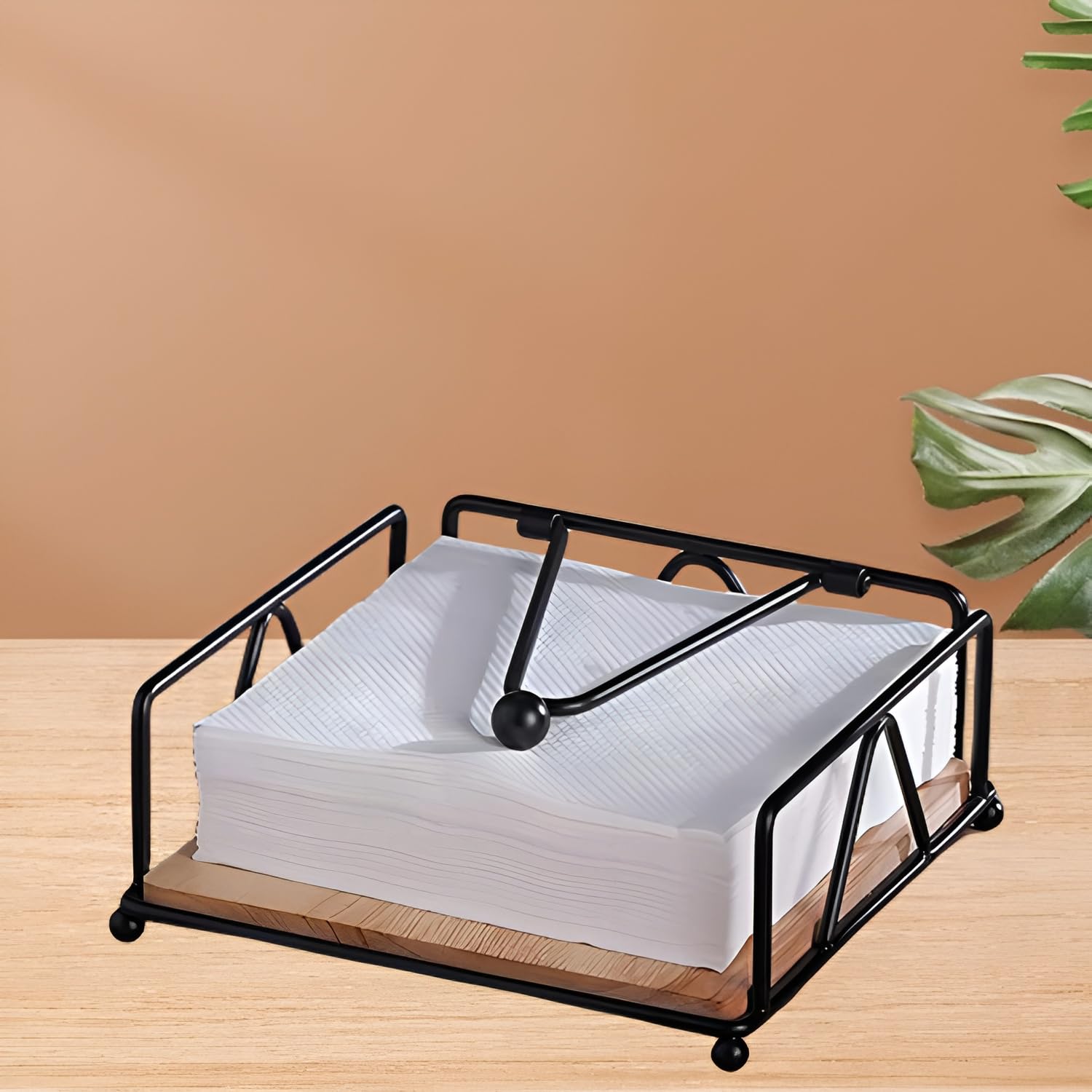 HYOATREA Square Napkin Holder, Table Napkin Holder with Weighted Arm, Metal Napkin Holder with Wooden Base, Farmhouse Napkin Holder for Kitchen Countertops (Black)