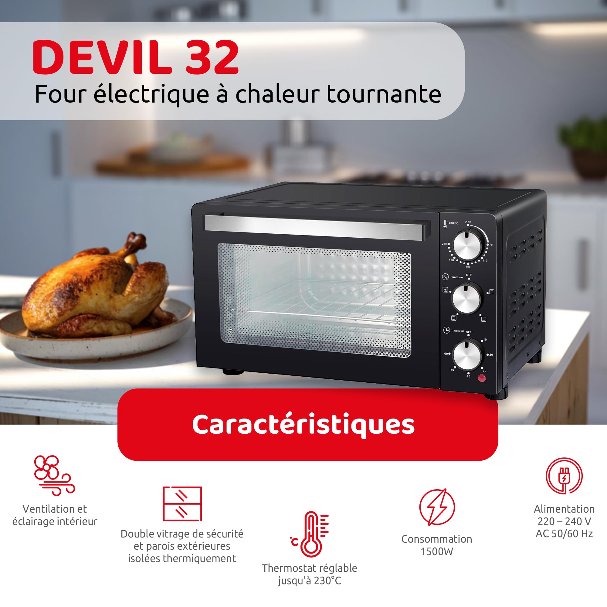 Melchioni Family | Four électrique Ventilé DEVIL, Capacité 32 litres, 3 Modes de Cuisson, Minuterie 60 minutes, 1500W, Double Vitre, Lumière Interne et Température jusqu'à 230° C, 49 X 44 X 305 cm