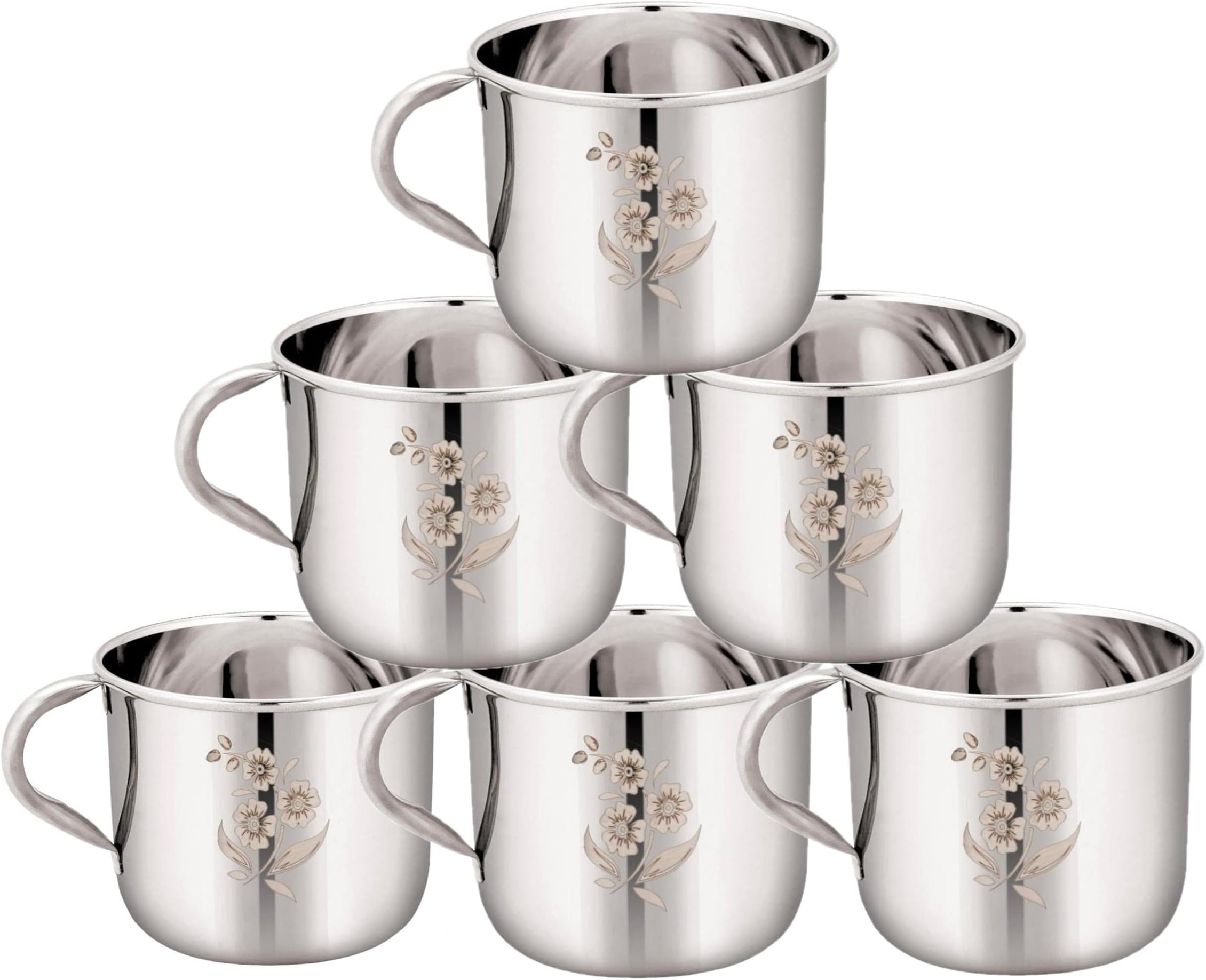 KC Stainless Steel Tea/Coffee Cup Set, 150 ML, Pack of 6, Laser Finished, Sober Shape