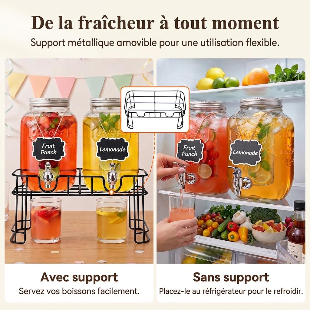 Lifewit Lot de 2 distributeurs de boissons de 4 l en verre avec robinet et support pour bière, limonade, jus, thé, eau, boissons, avec robinet, pour fêtes, buffets, événements, 39 x 16 cm