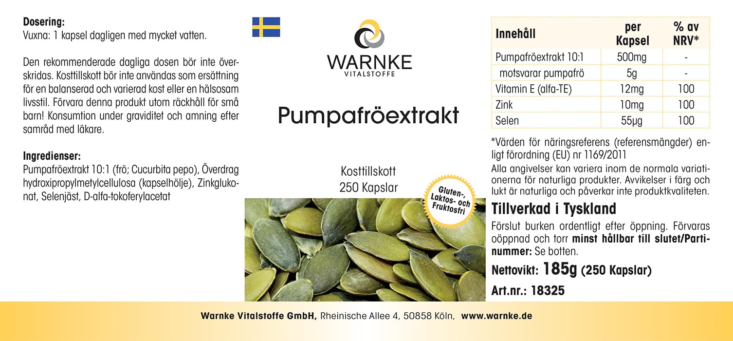 Extracto de semillas de calabaza 500 mg - 250 cápsulas - con vitamina E, zinc y selenio - alta dosis - envase grande | Warnke Vitalstoffe - Calidad de farmacia alemana