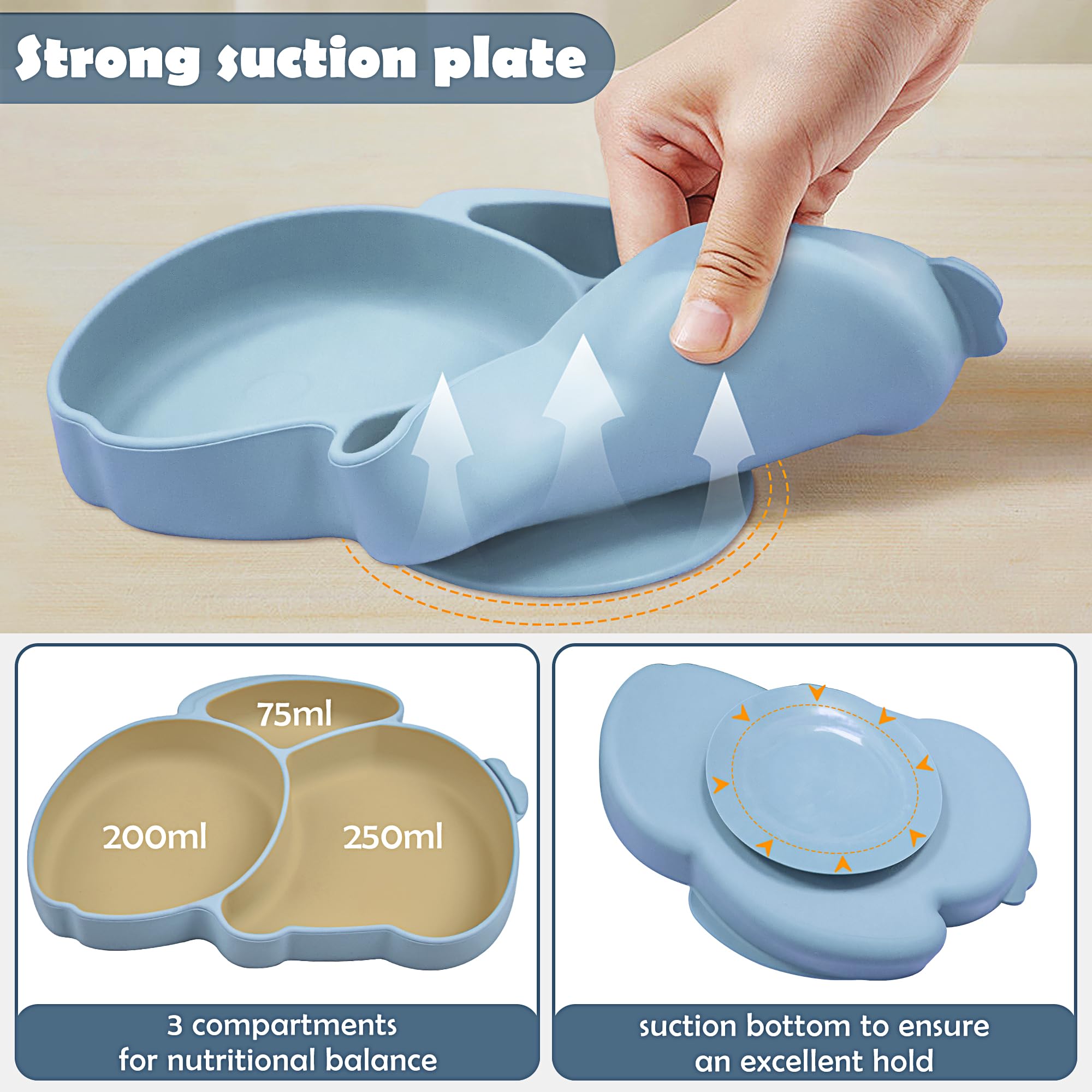 Set Pappa Svezzamento per Bambini 6 Pezzi Set Svezzamento Silicone Piatto con Ventosa Bavaglino Cucchiaio Forchetta Senza Tazza BPA Set Pappa Antiscivolo per Neonato Bimbo, Blu