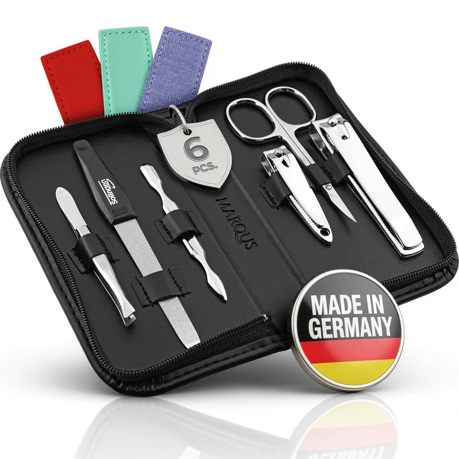 marQus - Estuche manicura hombre y mujer con 6 piezas de acero niquelado en acabado pulido brillante, fabricado en Alemania - Set ideal para viaje
