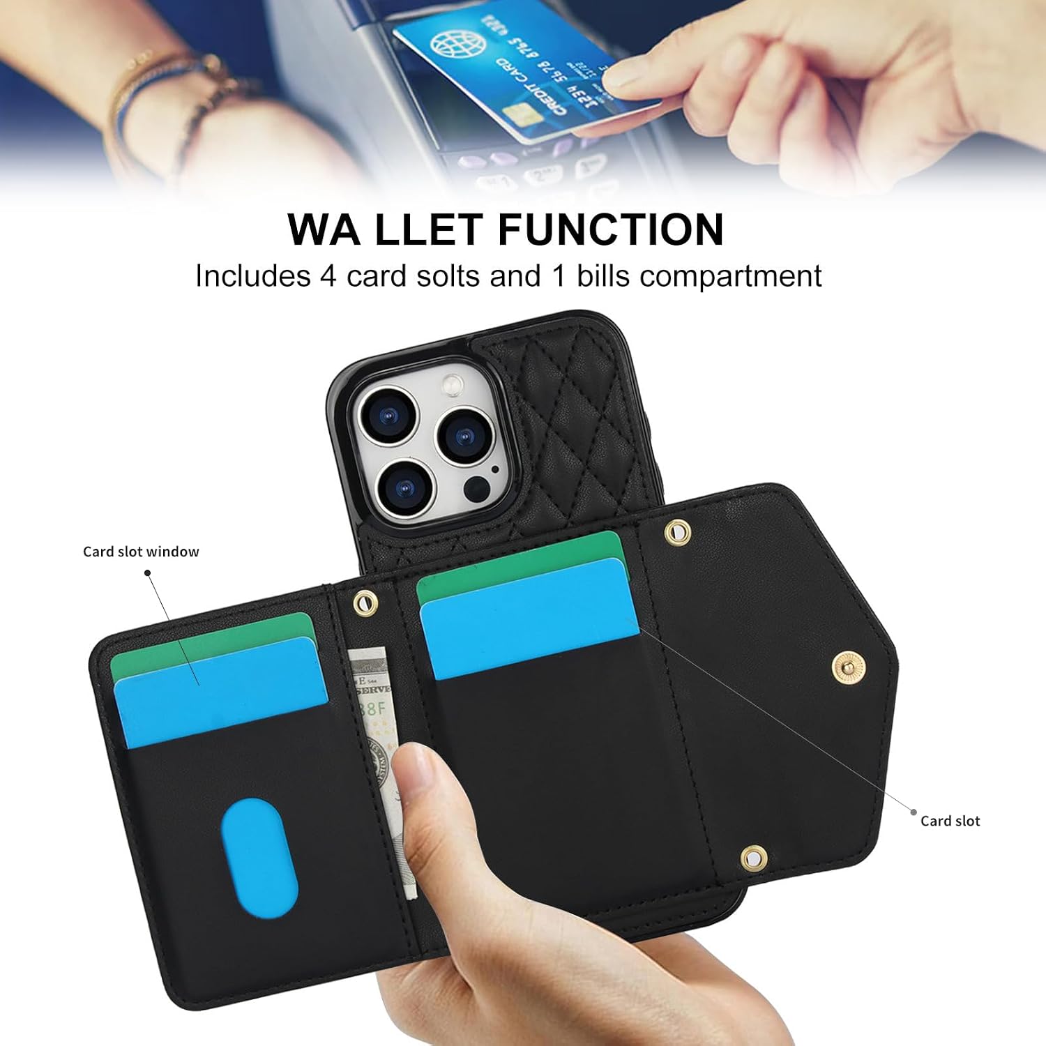 RhyNew Crossbody Wallet Case for iPhone 16 Pro 6.3", with Card Holder, PU Leather Kickstand Card Slots Case, RFID Blocking with Wrist Strap Lanyard Folio Cover for iPhone 16 Pro 6.3"，Black
