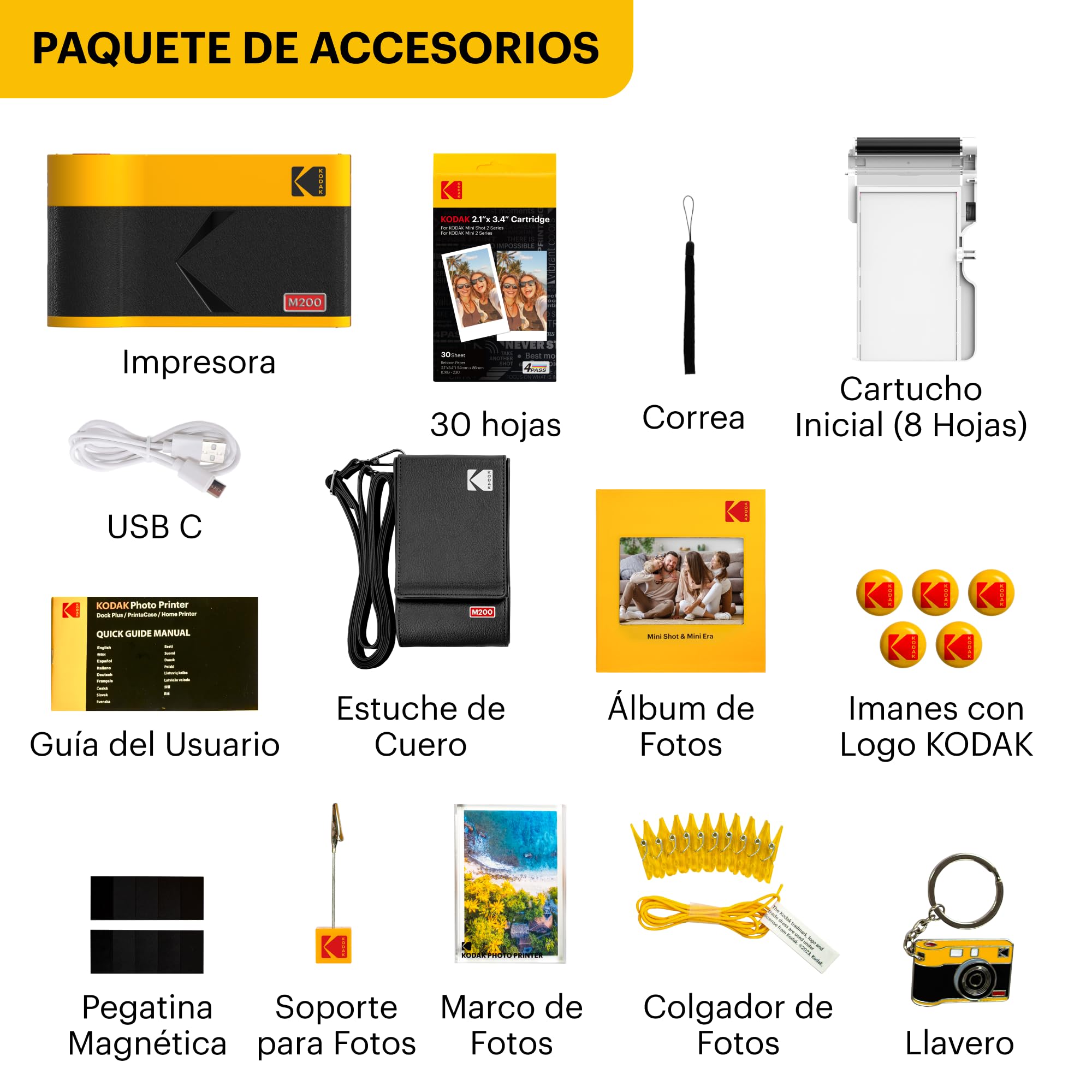 KODAK Mini 2 ERA 4PASS Impresora de Fotos Portátil (5,3x8,6cm) (Impresora + Pack de Regalo con 38 Hojas (8 Hojas Iniciales + 30 Hojas), Amarillo)