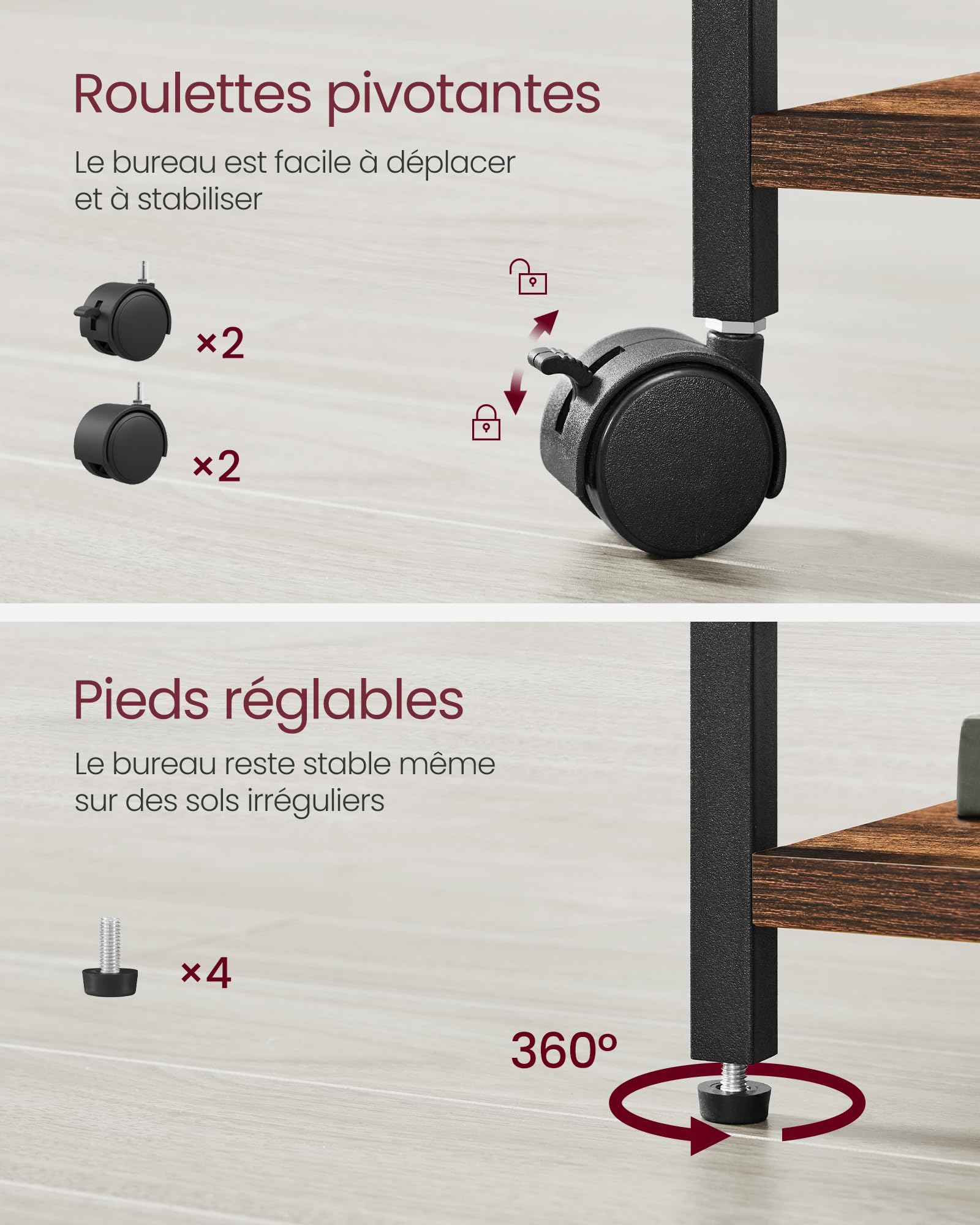 VASAGLE Caisson Bureau, Support pour Imprimante, Mobile, 2 Tiroirs en Tissu, Montage Facile, Étagères Ouvertes, pour Format A4, Dossiers Suspendus, Bureau, Marron Rustique et Noir d'encre OFC057B01