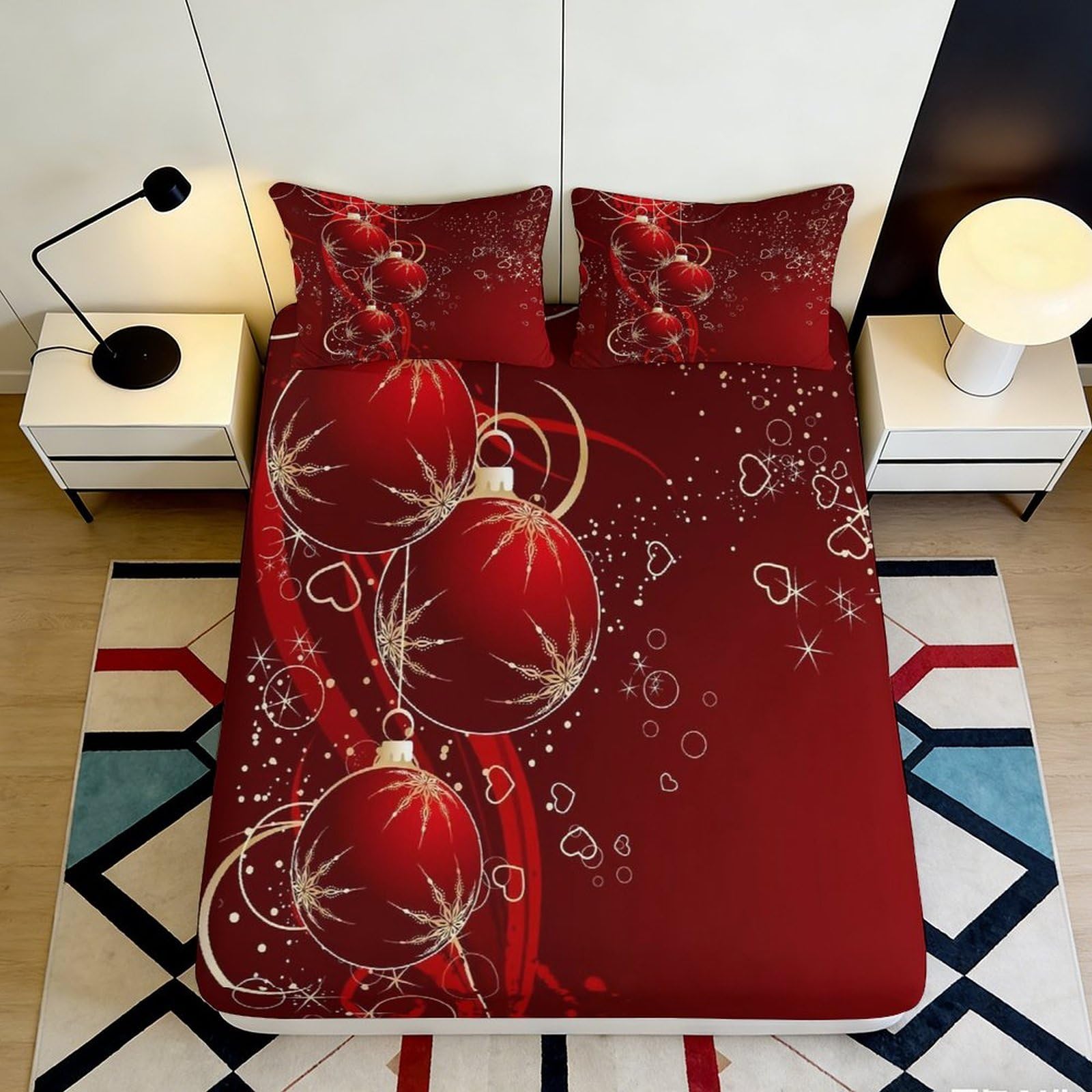 3D Printed Christmas Bauble Fitted Sheet Microfiber Red Festive Ornament Bed Cover for Bedroom Guest Room Decor 90x200x25cm