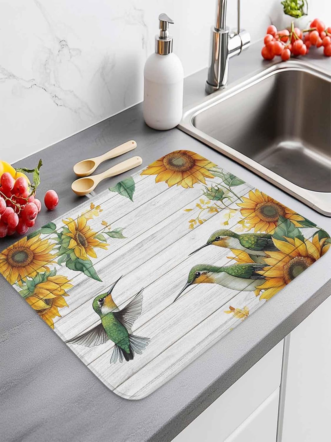 Drying Mats for Kitchen Counter 2 Pcs, Summer Hummingbird Vintage Watercolor Microfiber Absorbent Dish Drainer/Rack Mat,Reversible Hangding Quick Drying kitchen Decor,16x18 Machine Washable