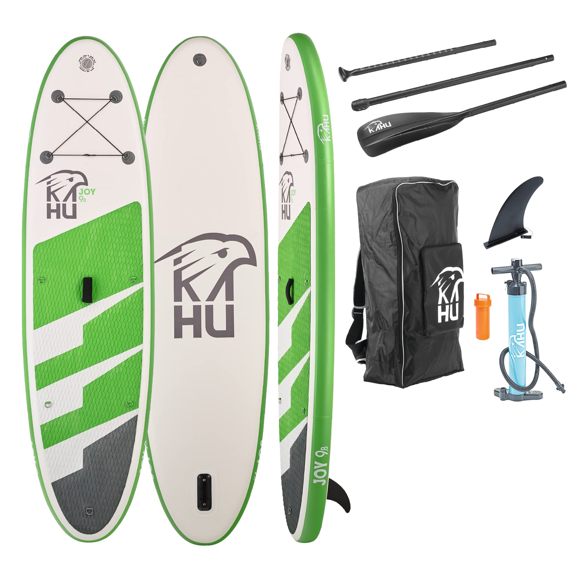 KAHU® Joy 9’8’’ Stand up Paddling Board – aufblasbares iSUP Board komplett Set inkl. Alu-Paddel und Pumpe - Allroundboard für Einsteiger – 15cm Dick – 120kg Traglast – Kajak Sitz als Zubehör – Grün