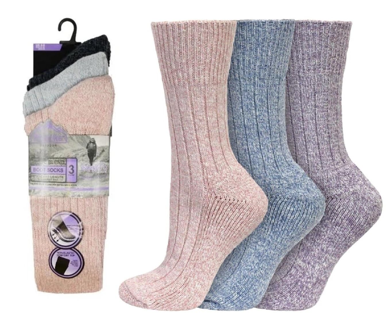 OnlyBee 3 Pairs of Womens Non Elastic Wool Blend Thermal Diabetic Boot Socks Walking Hiking Trekking Thick Warm UK Size 4-8