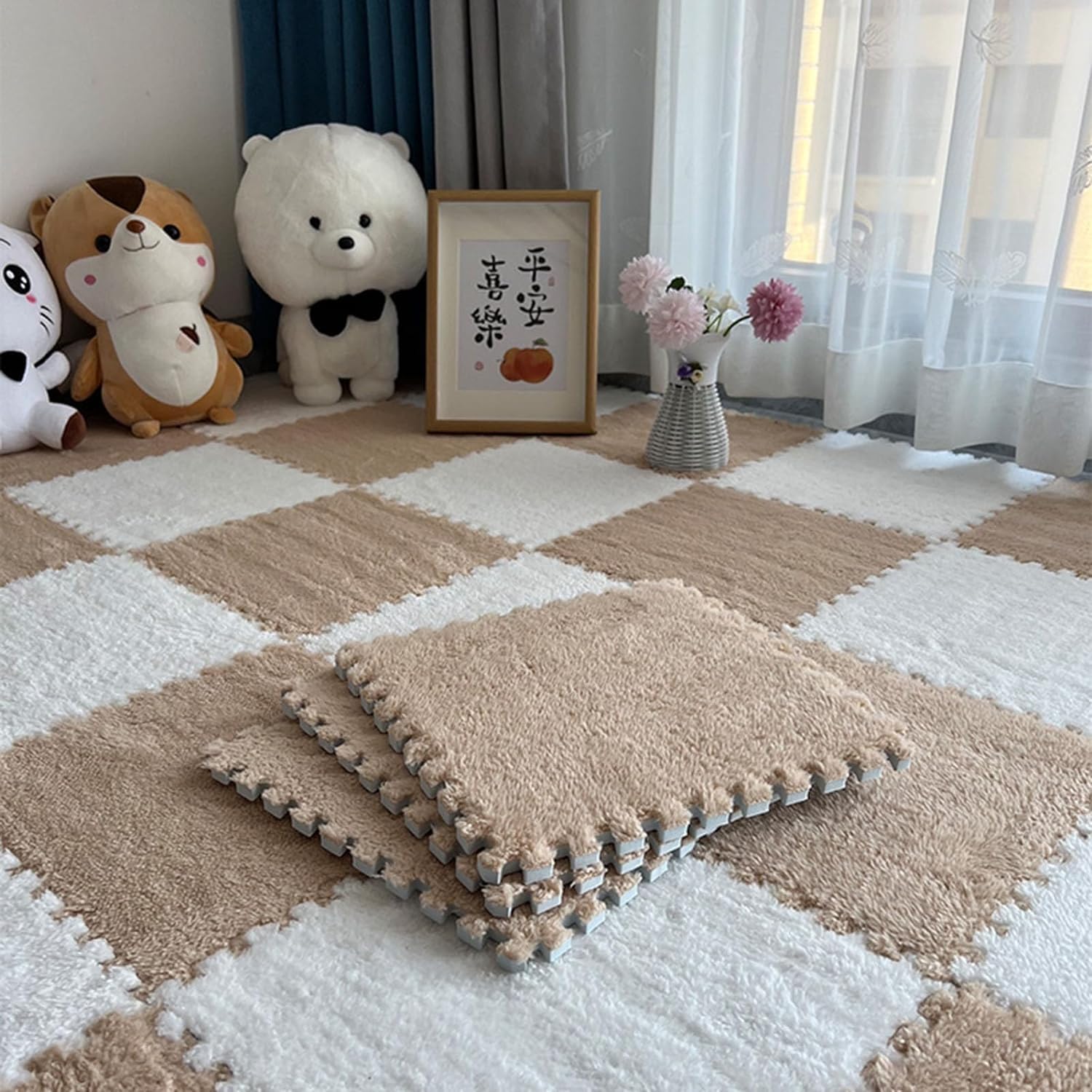 Tapis en Mousse, Tapis de Sol en Mousse emboîtable Puzzle avec Bordure 12x12 Pouces Multicolore Plusieurs Tailles(Light Brown+White,40Pcs)