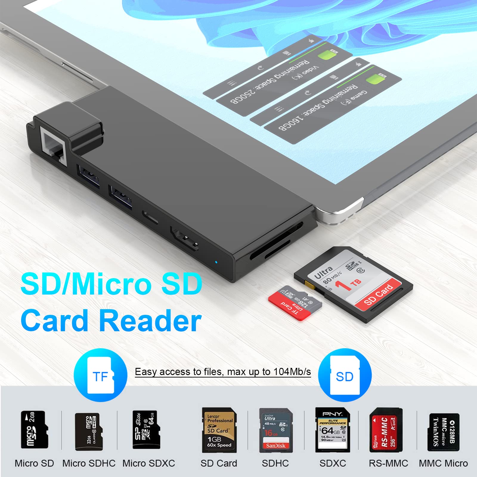 Surface Pro 7 Hub, Rocketek 7-in-1 Microsoft Surface Pro 7 dock con HDMI 4K / 60Hz, Adattatore Ethernet 1000M, PD 60W Type-C Caricare, slot SD/TF, 2 porte USB 3.0 - solo per Surface Pro 7