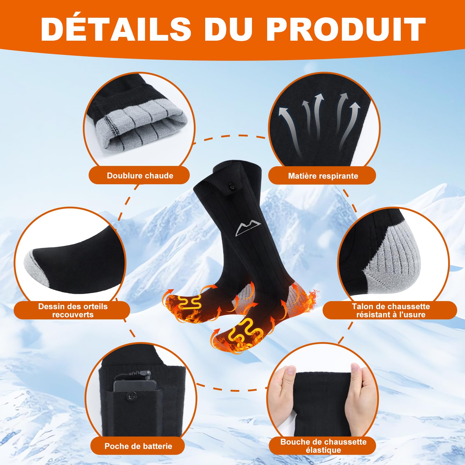 seenlast Chaussettes Chauffantes Homme Femme, 2×5000mAh Chaussette Chauffante Rechargeables, 3 Niveaux de Chauffe, Lavables Chaussettes Thermiques, Chauffe Pied pour Sports, Ski, Camping, Moto