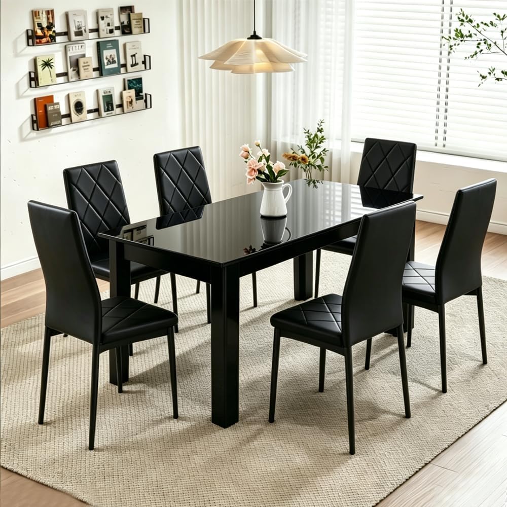 Rainbow Tree Modern 7 Piece Dining Table and Chairs Set, High Gloss Wooden Dining Table with 6 Chairs for Family Dinner Set, 120cm Black Table