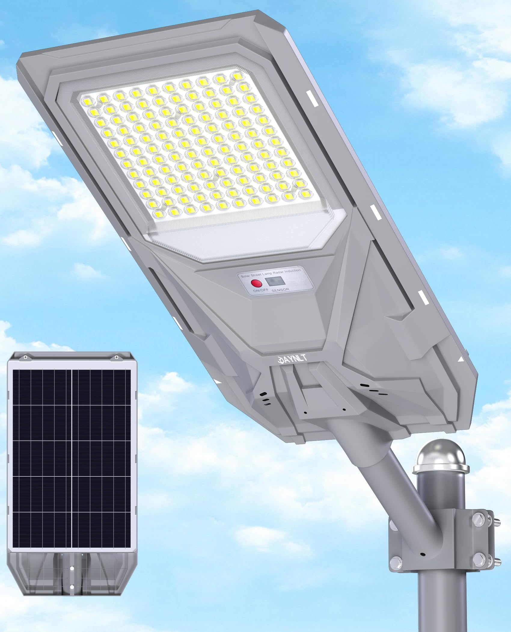 JAYNLT X-8500W Lampione Solare LED Esterno con Sensore Movimento, 6500K Faro led Esterno con Pannello Solare, IP67 Impermeabile lampioni Solari per Cortile Garage Giardino Strada | Sensore di movimento ultra luminoso, illuminazione di sicurezza per parche