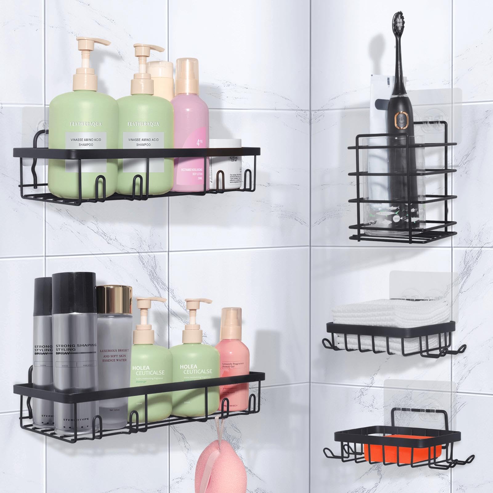 Shibaiy Black Shower Caddy, Bathroom Shelf Organiser No Drilling, Adhesive Shower Storage Rack, Stainless Steel, 5 Pack