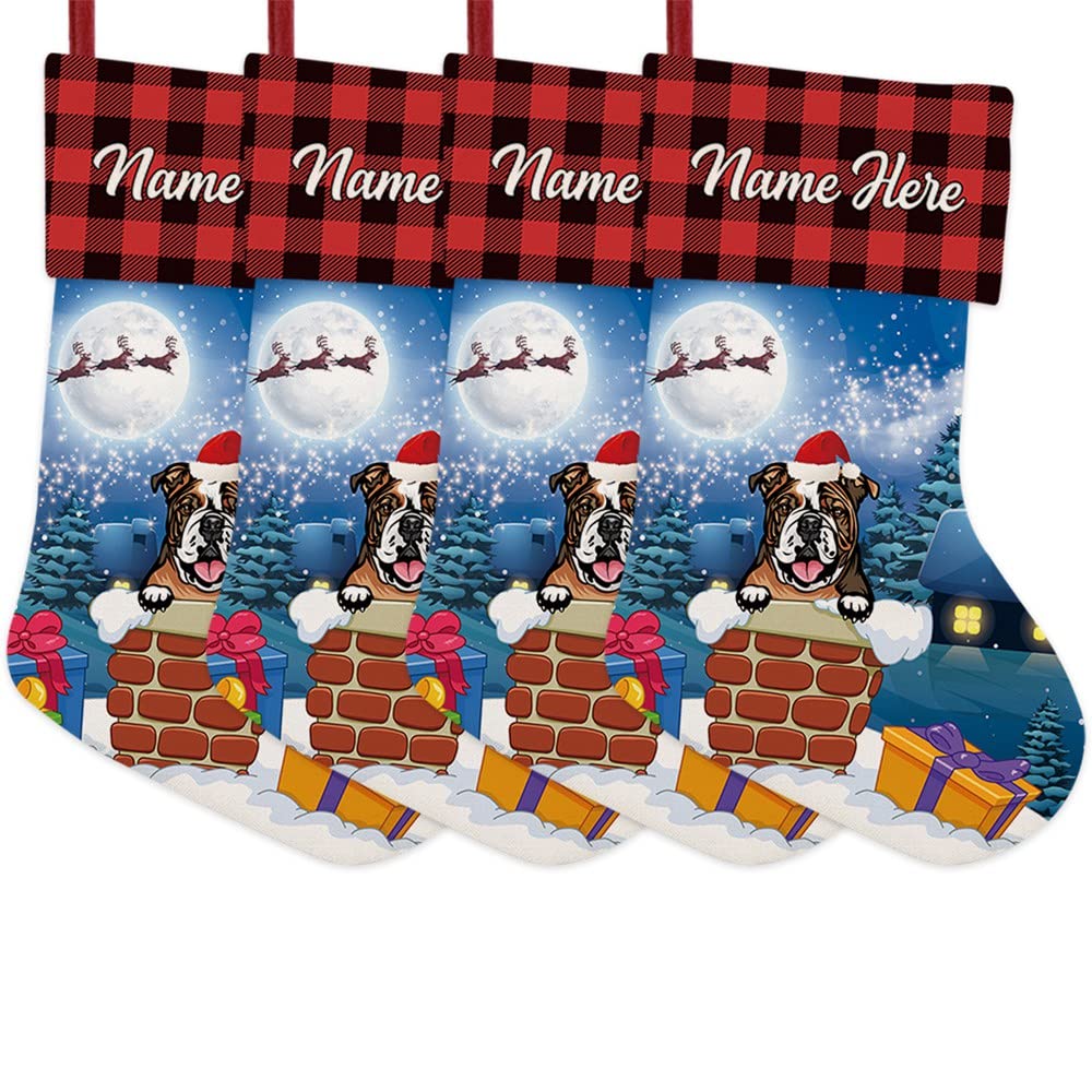BAGEYOU 4 Pack Custom Name Christmas Stocking with Funny Dog English Bulldog in the Chimney Santa Gifts Pack for Xmas Party Holiday Decoration Christmas Tree Fireplace Hanging 14.4"