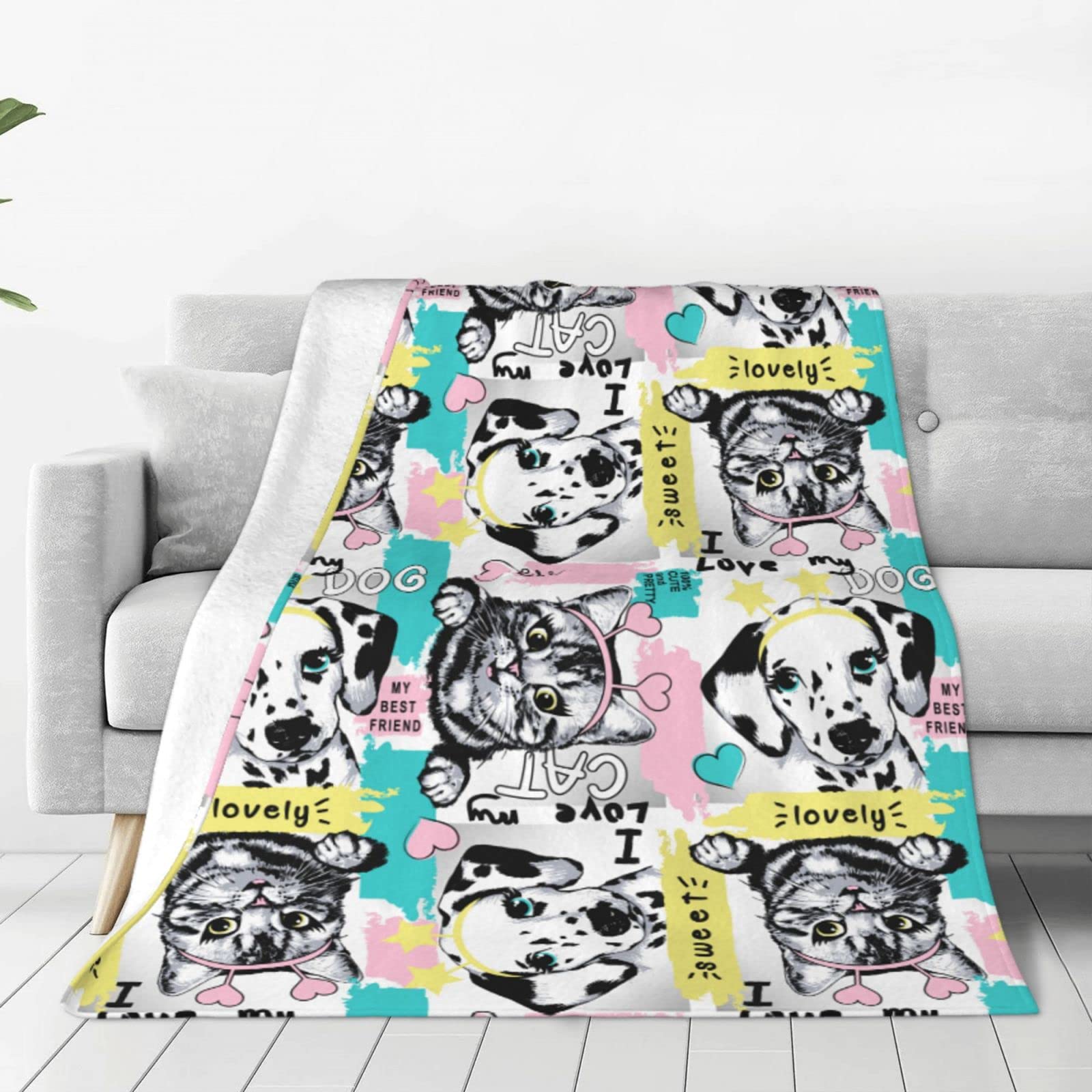 Graziosa coperta in pile con gatti e cani per letto, divano, coperta in pile, leggera, morbida e accogliente, 127 x 101,6 cm