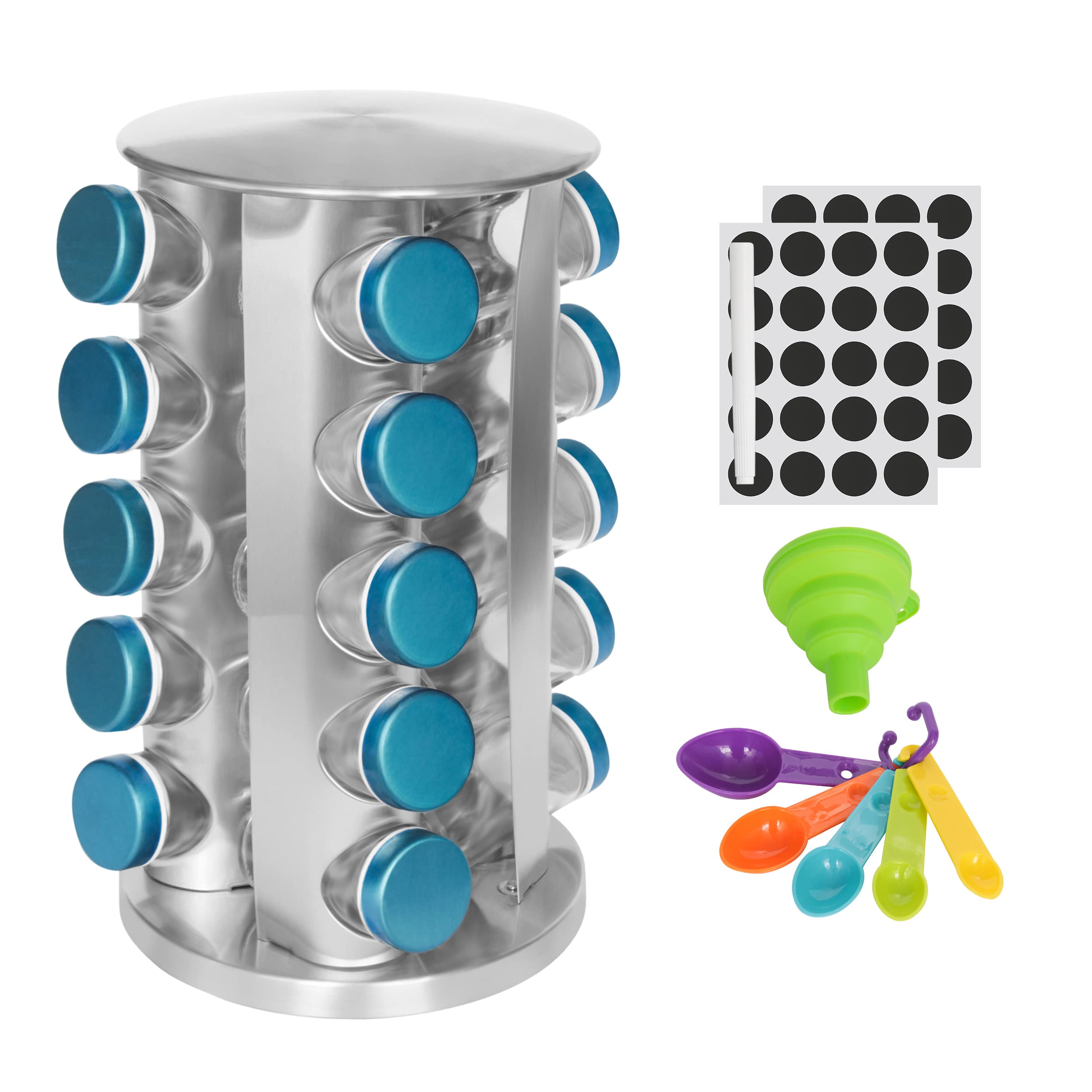 Stainless Steel Spice Racks, 20 Glass Jars With Silicone Funnel And Five Spoons