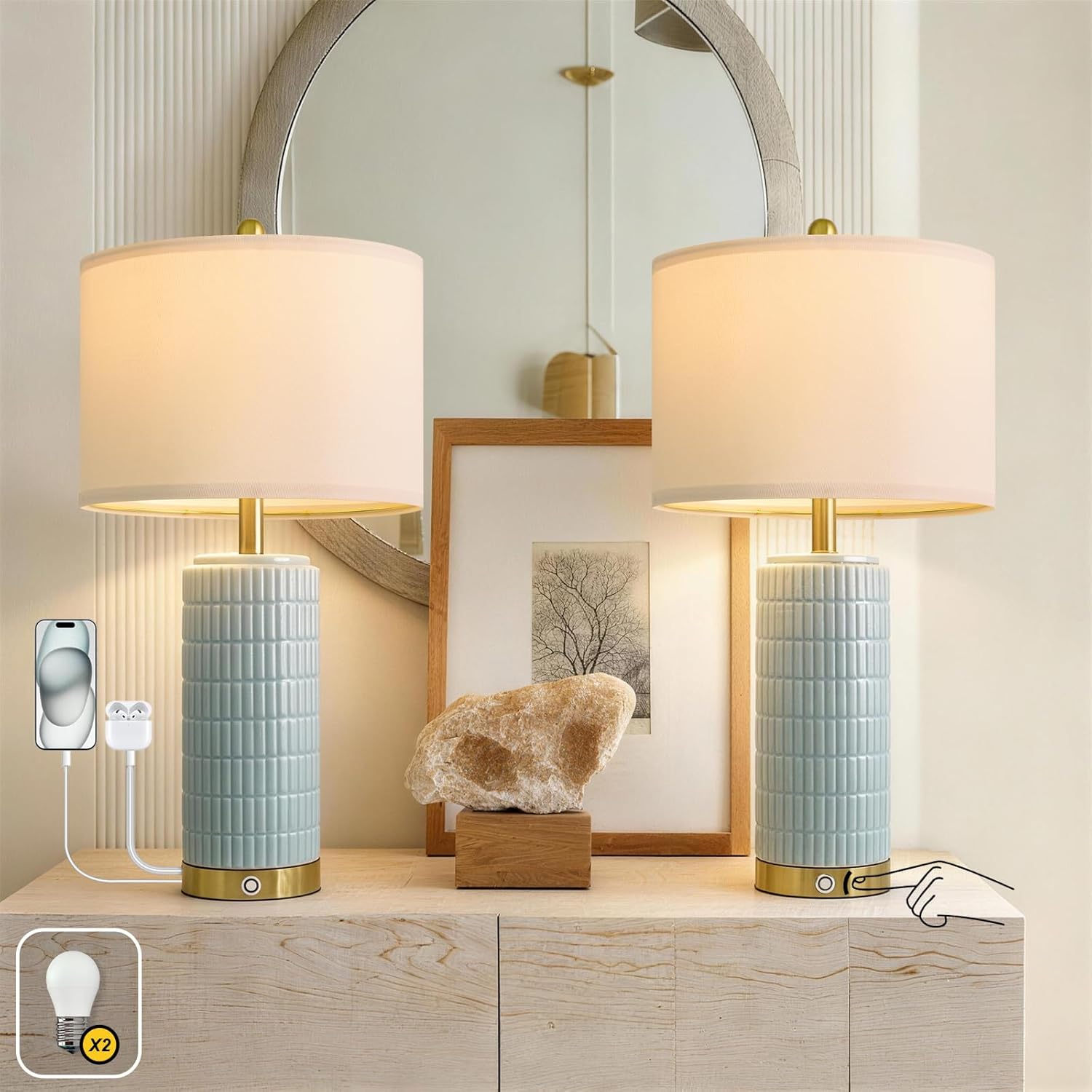 PoKat 25'' Bedside Table Lamps Set of 2 for Living Room, 3-Way Dimmable Touch Lamps for Bedroom, Modern Lamps for Nightstand with USB Ports, Coastal Blue Lamp for Office Sideboard (Bulbs Included)