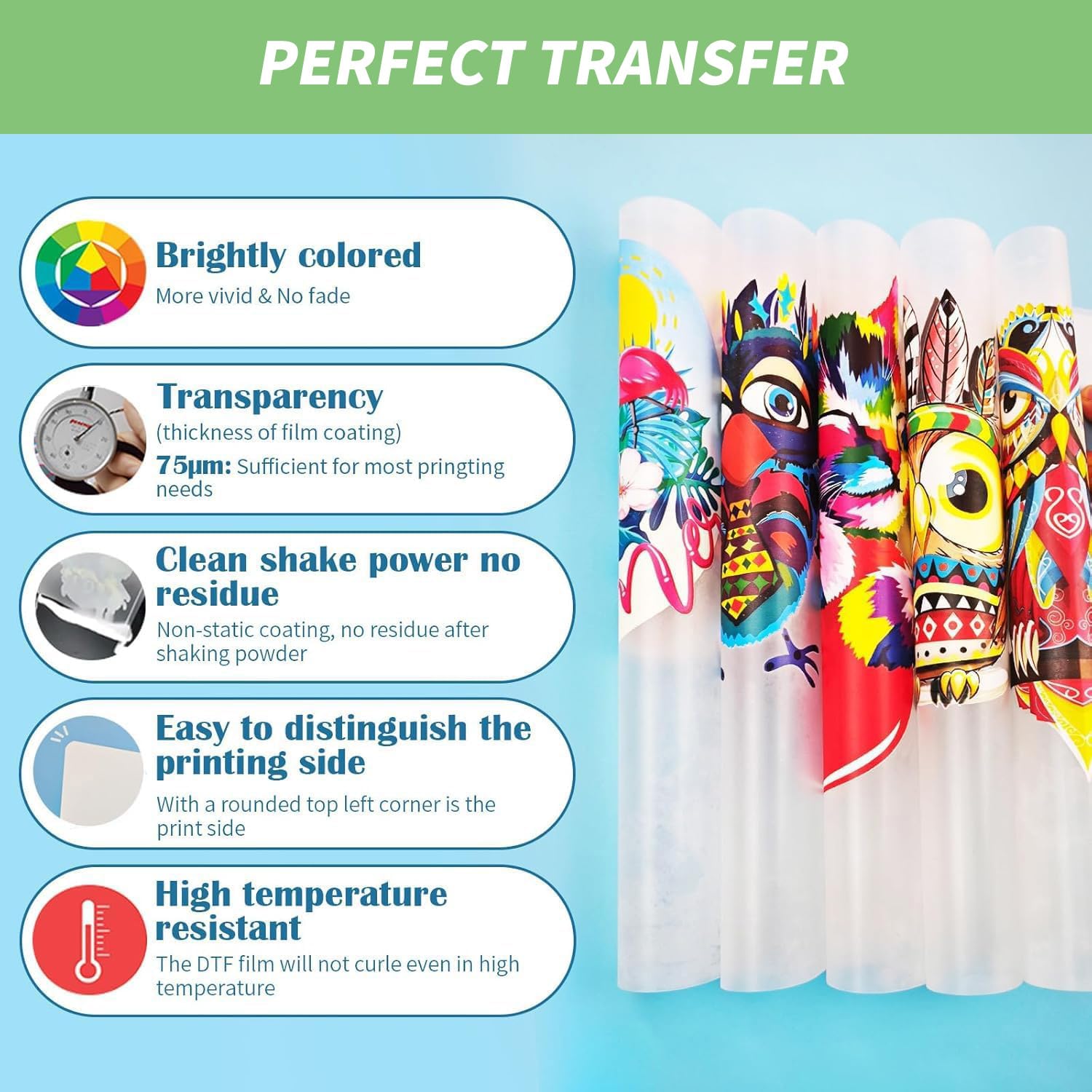 Yiko DTF folia transferowa zestaw papierowy, 35 arkuszy A4, Premium DTF zestaw folii transferowej - 300 g, biały cyfrowy proszek DTF do bezpośredniego druku na koszulkach