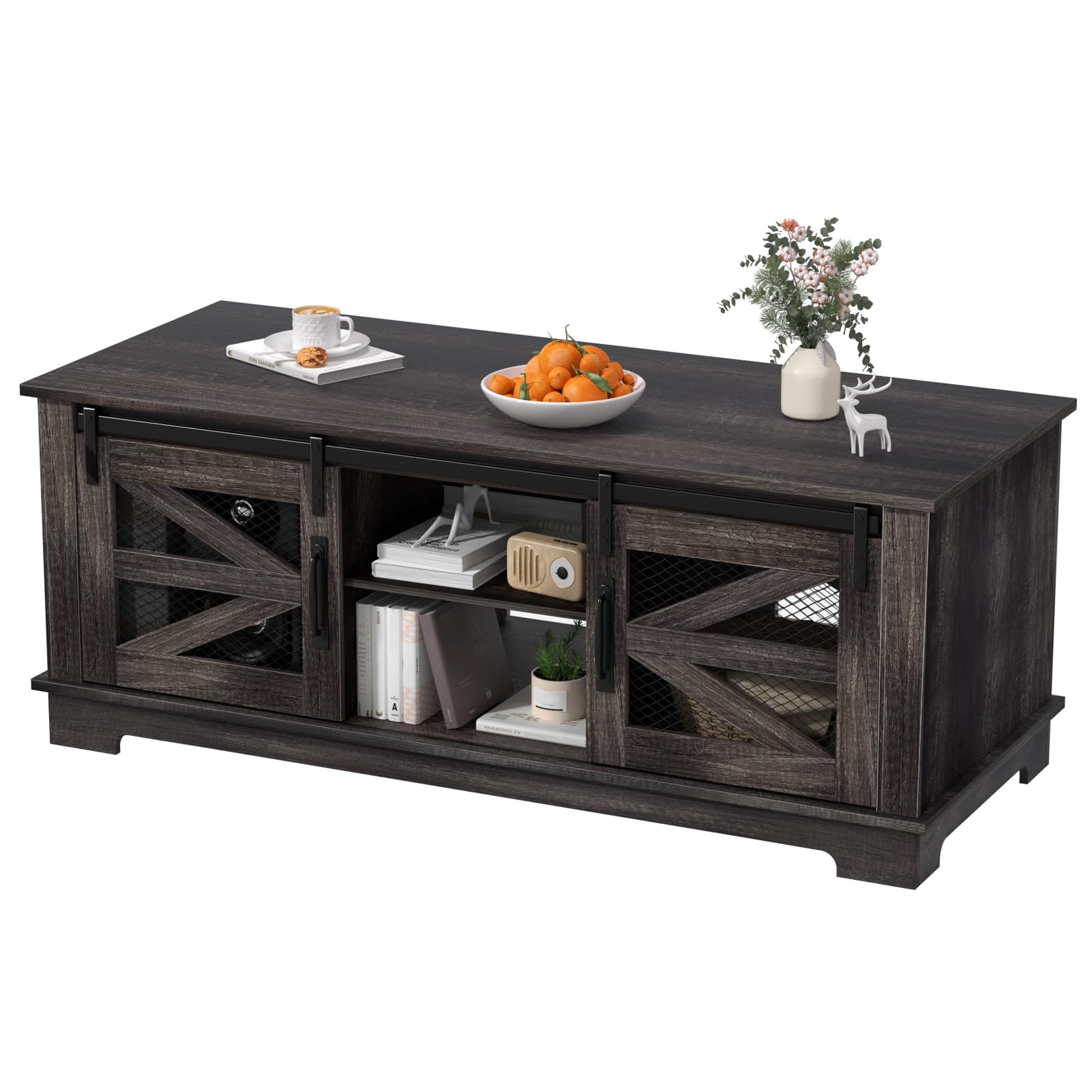 Industrial Farmhouse Coffee Table with 4 Sliding Barn Doors - 48 Rustic Storage Table with Adjustable Shelf 150lb