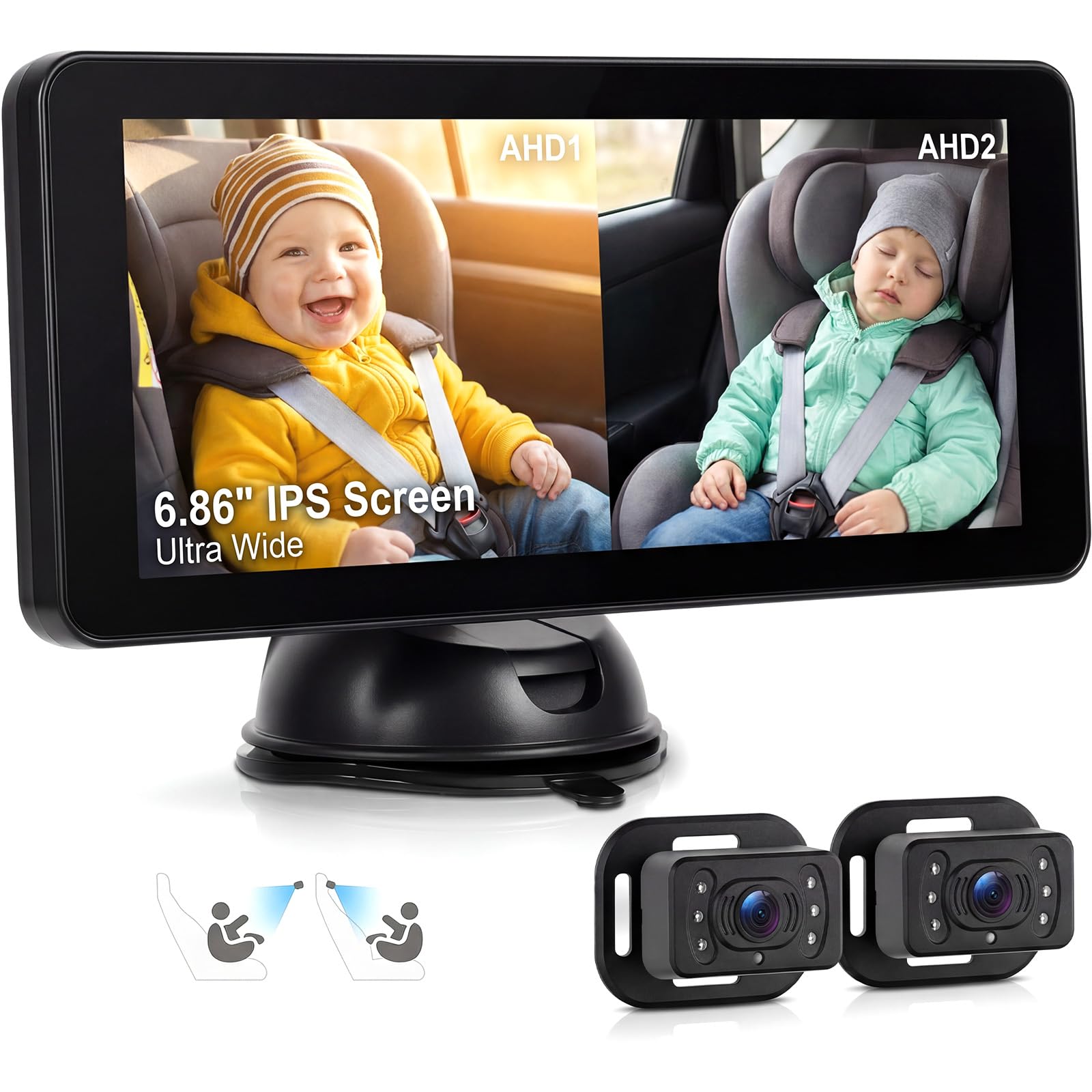 SIXTOP Camera para Bebé con Monitor IPS de 6.86 Pulgadas, 2 Cámaras HD de Asiento Trasero con Visión Nocturna & Ángulo Amplio de 90°, Instalación Segura y Estable para Auto/SUV/Van