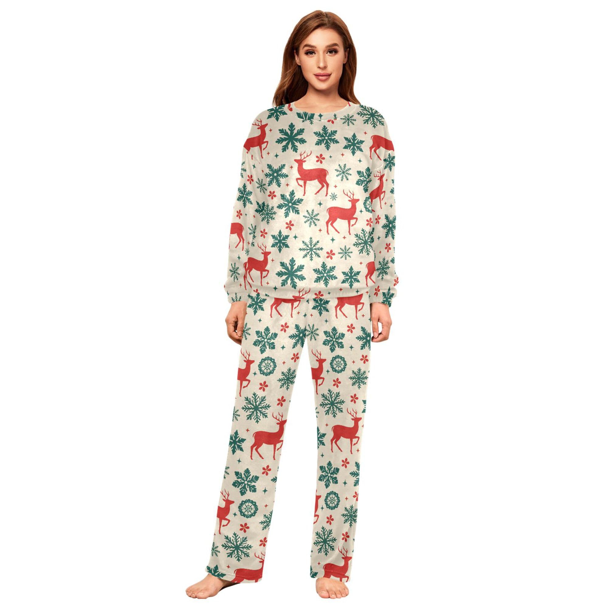 ALAZA Conjunto de pijama de forro polar para mujer, diseño de oso de Navidad, manga larga, ropa de dormir de dos piezas, ropa de dormir térmica, pijama súper suave, talla S