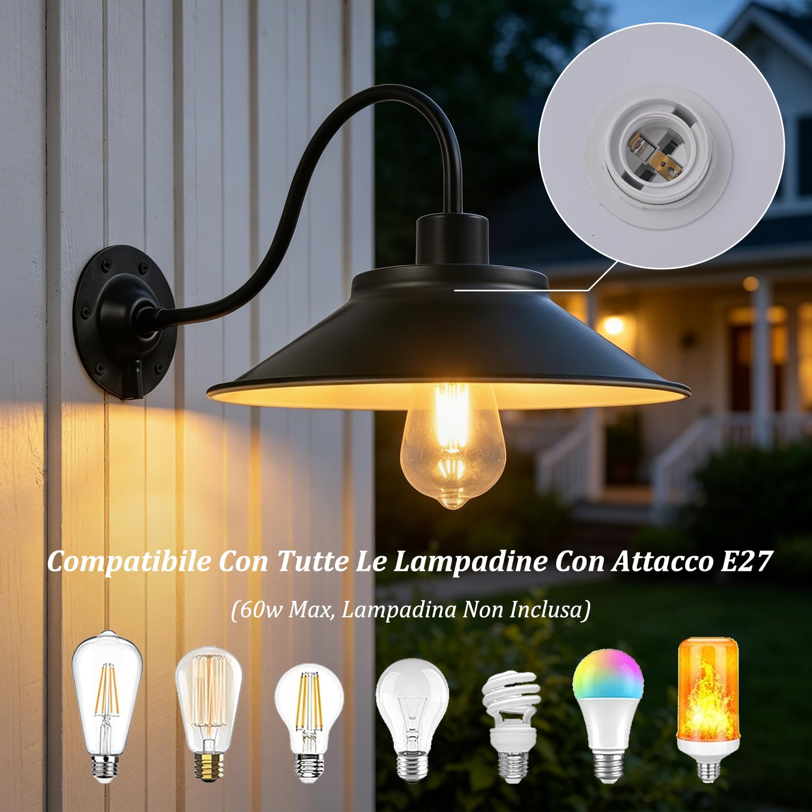 4 Pezzi applique da parete per esterni impermeabili lampade da veranda in ferro nero Luci da parete per esterni vintage a collo d'oca in stile rustico per garage ingressi e terrazze