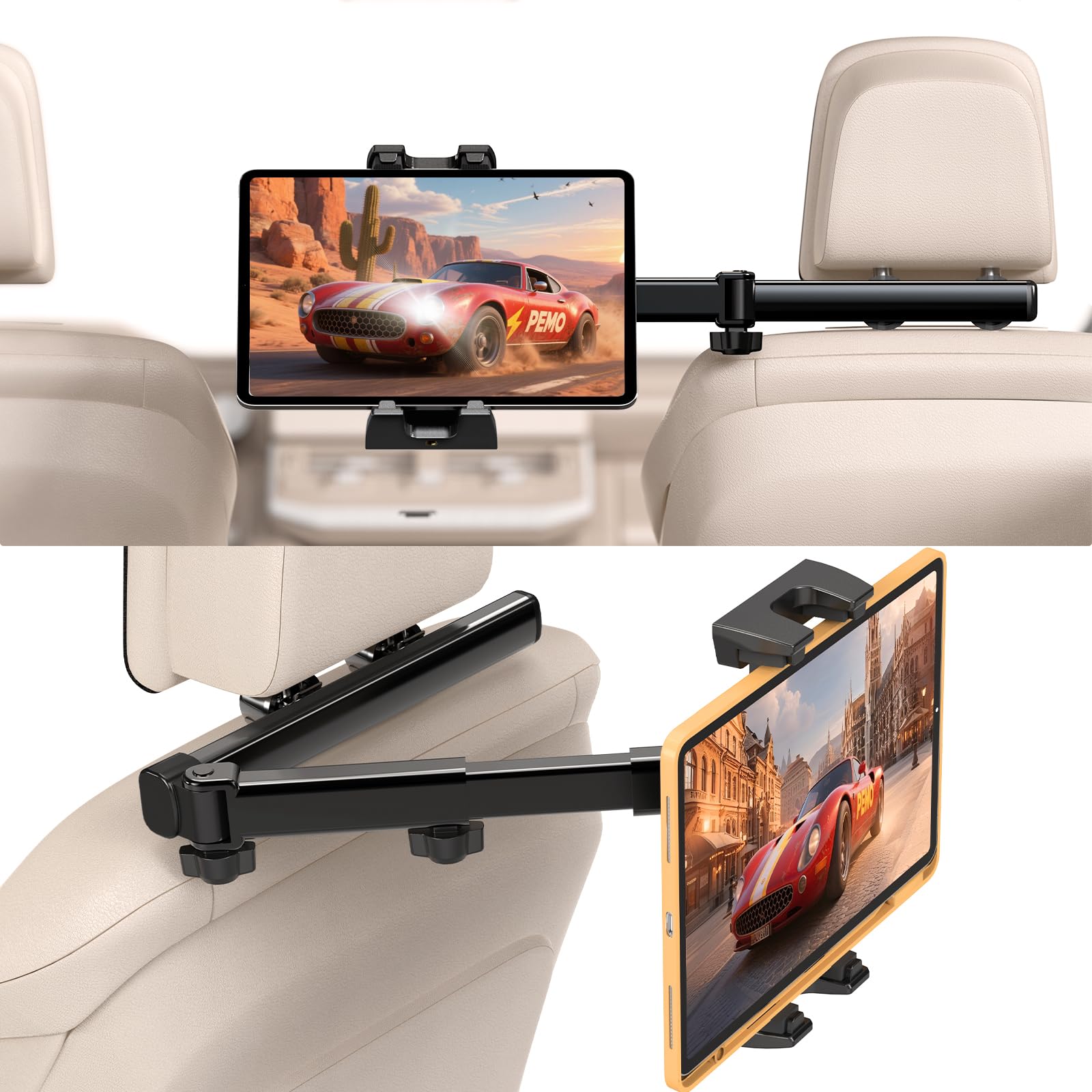 PEMOTech Tablet Halterung Auto, Stärkere Tragfähigkeit Tablethalterungen Auto, Zweiachsig Ausziehbar KFZ Tablet Halter Kopfstütze, Anti-Stoß Tablet für iPad, Switch, 4,7-13 Zoll Geräte