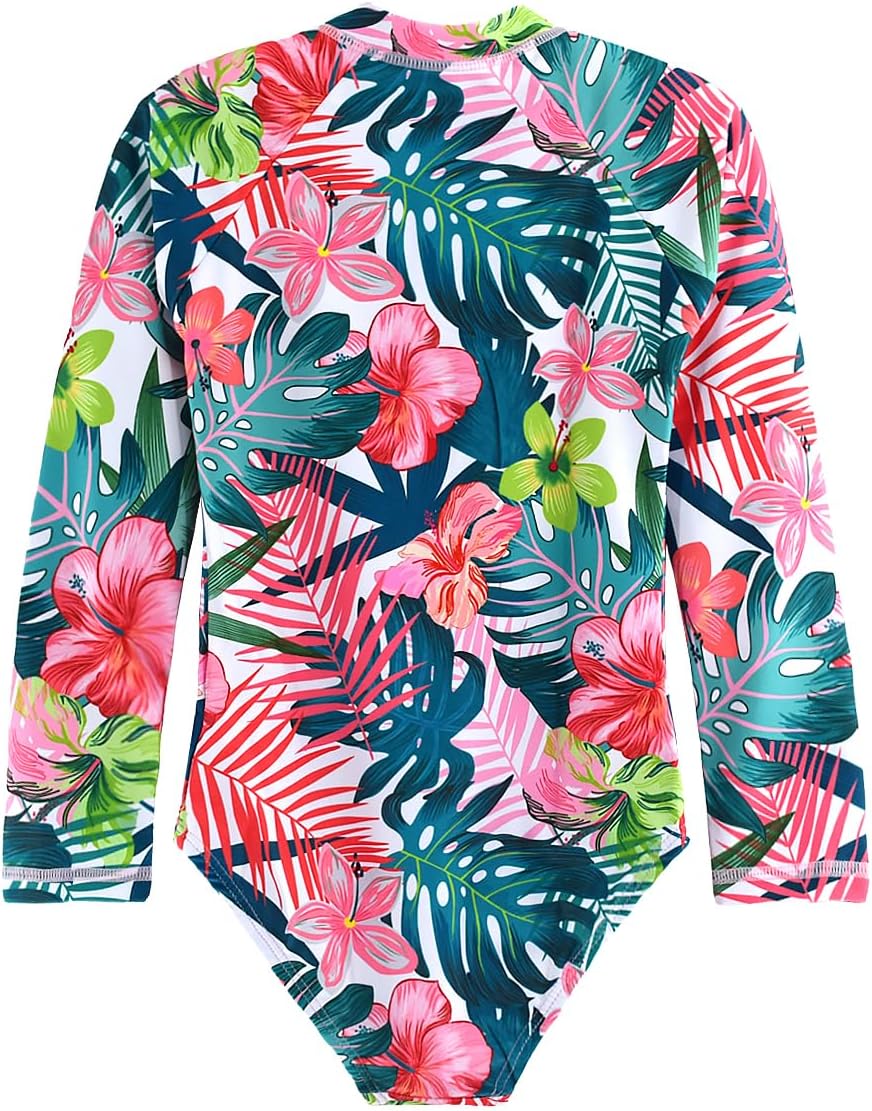 Kids Girls Rash Guard Long Sleeve One Piece Swimsuits Zipper Bathing Suits UPF 50+ Tropical Plant Flowers Ages 3-12 - Image 3