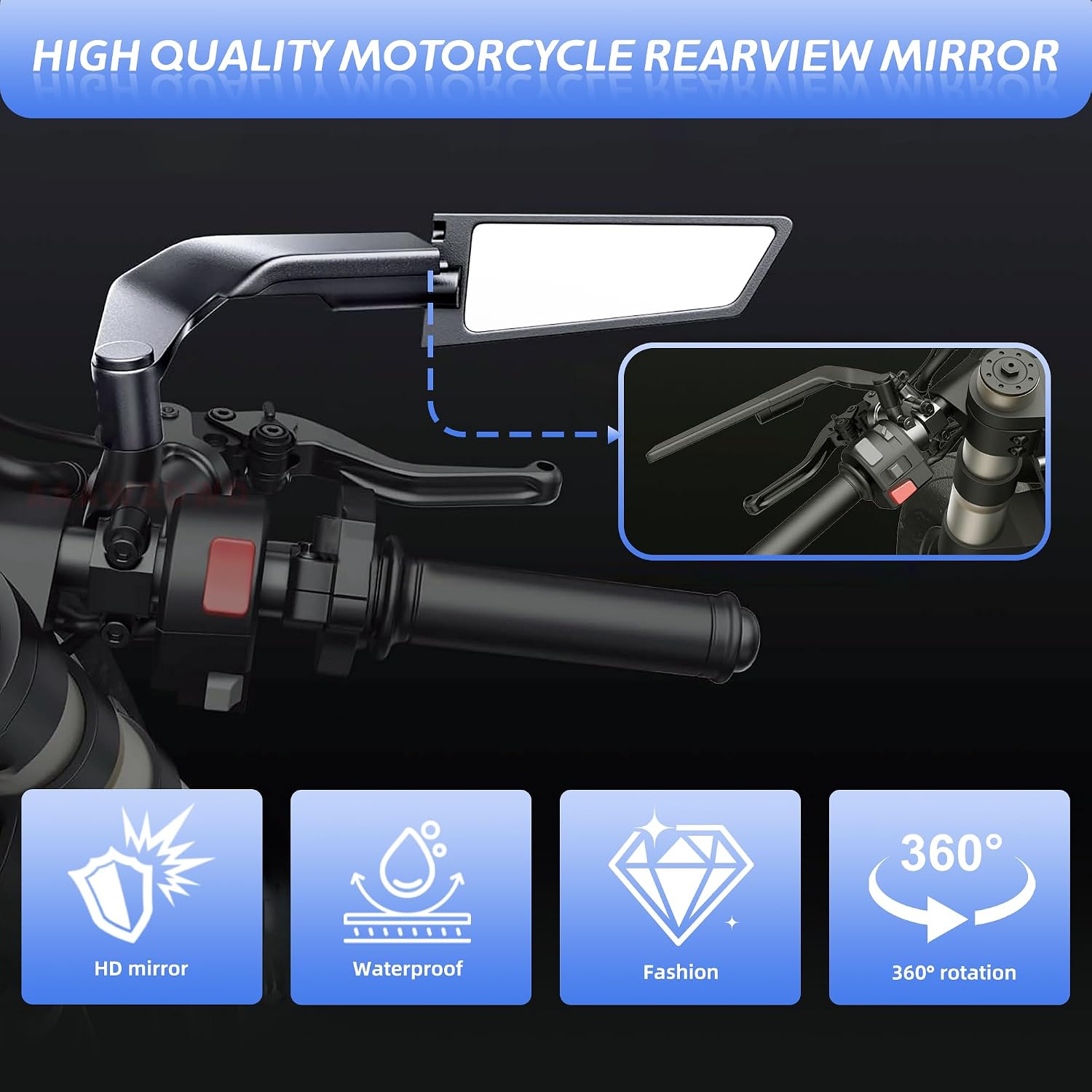 Motorcycle Mirrors For Handlebars,Compatible with Yamaha Ducati Kawasaki Honda Adjustable Rotating Motorcycle Rear View Mirror(8mm,10mm)1 Pair