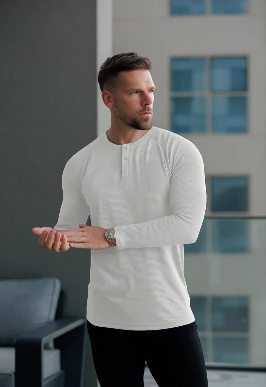 Muscle Cmdr Men's Stretch Henley T Shirts Slim Fit Short & Long Sleeve Casual Stylish Tee Business Top - Image 2