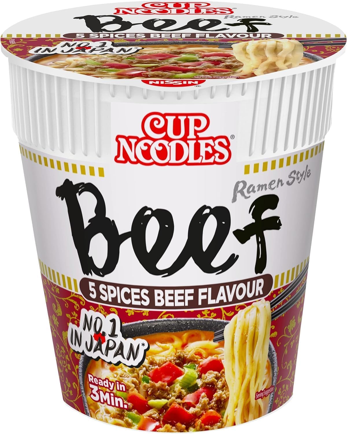 NISSIN Cup Noodles 5 Spices Beef Flavoured Instant Noodles, 64 g Pot (Pack of 8)