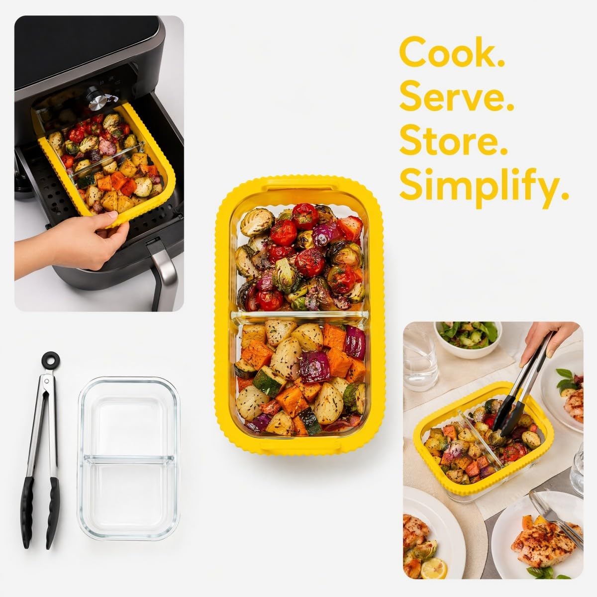 2 Pz Pirofila Airfryer con 1 Pinze da Cucina, Teglia Vetro da Forno con Manici in Silicone rimovibili Pirofila in Vetro Compatibile con Ninja AF400EU/DZ400EU/SL400EU/COSORI/AF500EU, Giallo