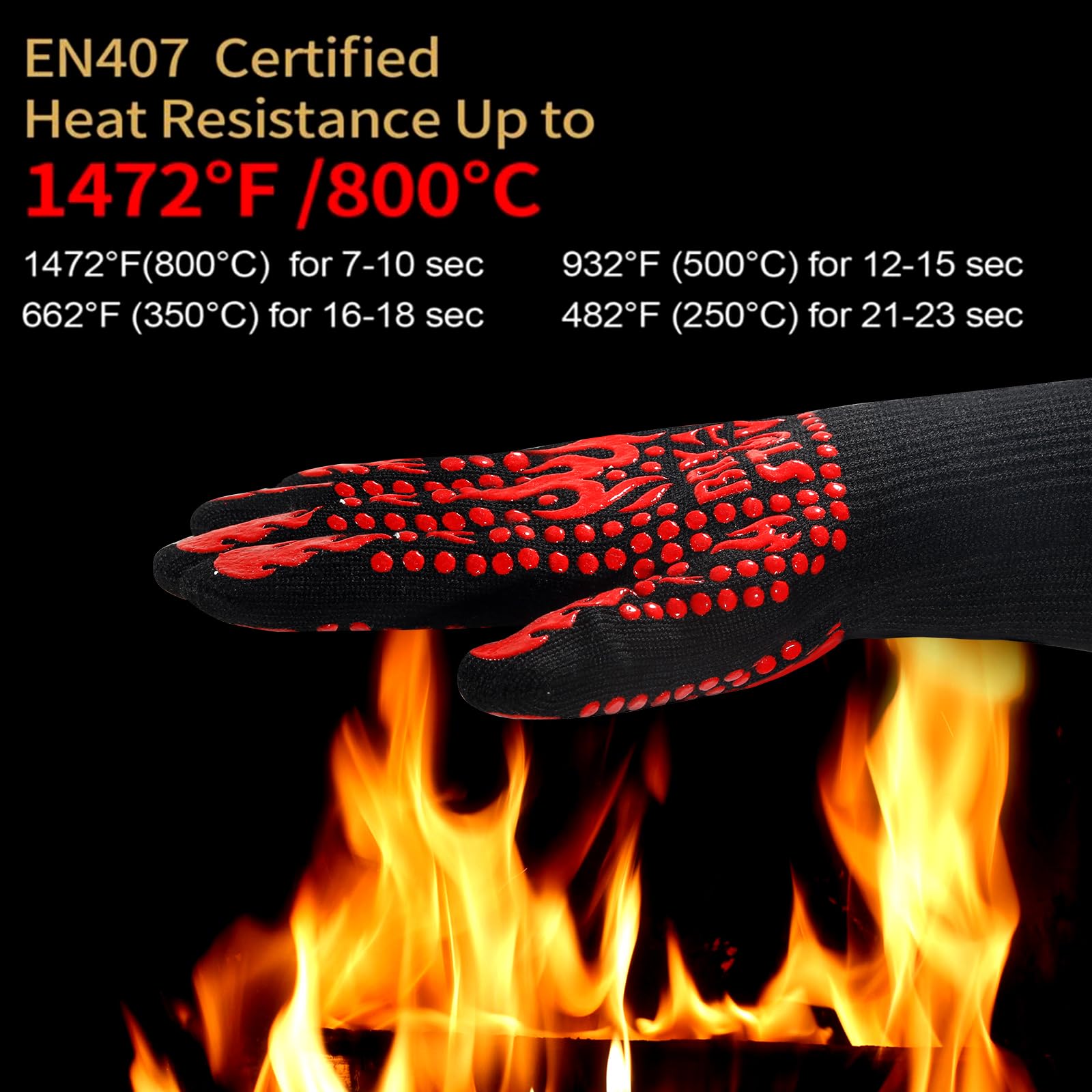 Guantes de barbacoa, ideales para exteriores, guantes de cocina, resistentes al calor, hasta 800.0 °C, muñeca extendida para mayor seguridad, guantes de horno/cocina para horno, mujeres/hombres, papá