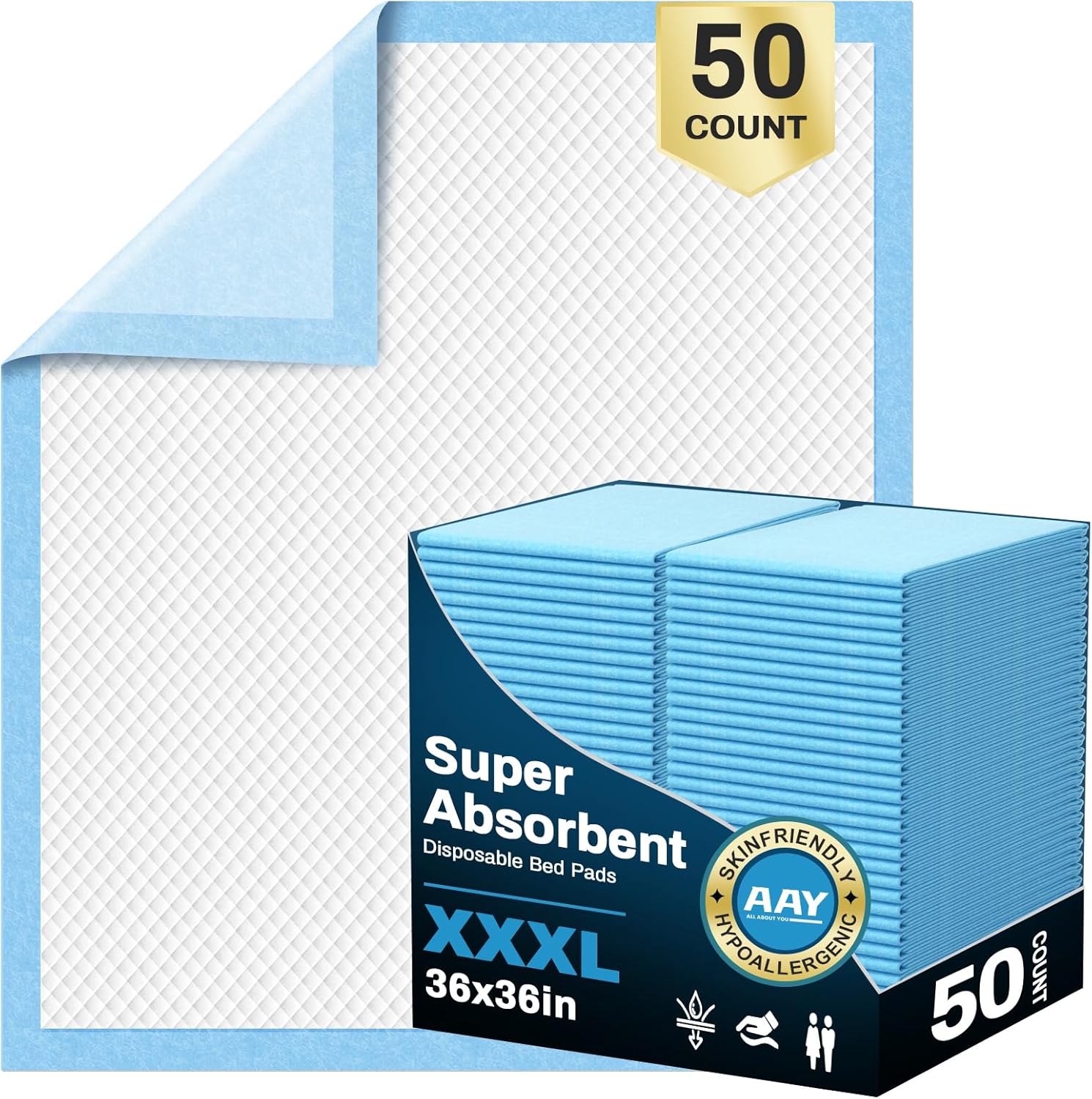 AAY Bed Pads Disposable 36" x 36" (50 Count), Extra Large Super Absorbency Disposable Underpads for Incontinence, XXXL Premium Leakproof Protective Chucks Pee Pads for Adult, Kids, Pet, Puppy Training 36"X36"-50