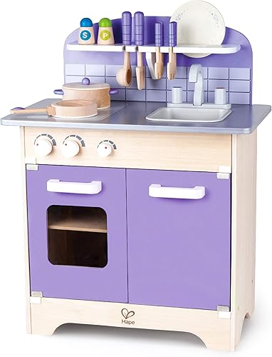 Set de cocina Hape de juguete de madera para niños y niñas Juego de cocina gourmet morada con 13 accesorios de lujo gran regalo para los niños a